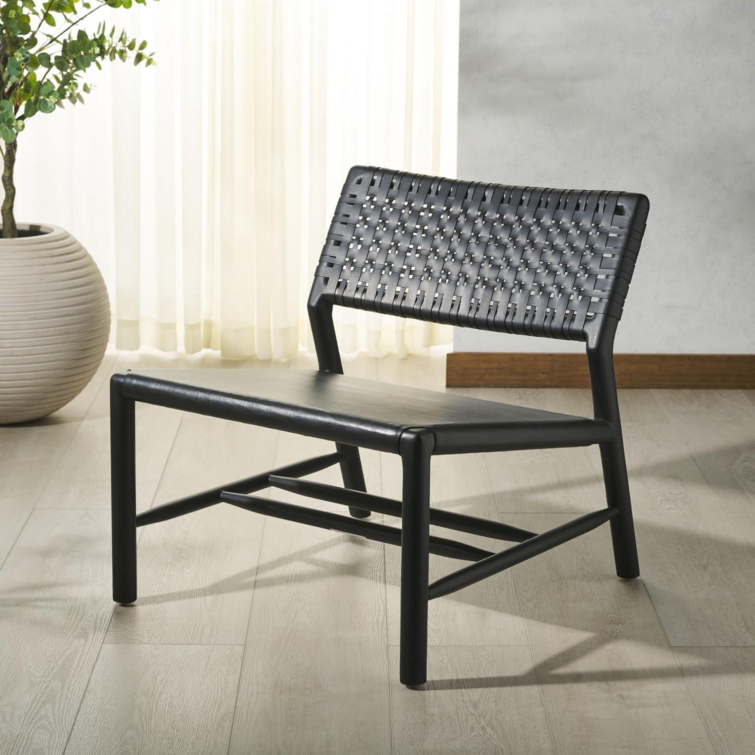 image:imageSAFAVIEH Couture Collection Valdina Black Woven Leather Accent Chair Low Profile Design Solid Wood Frame Fully Assembled SFV1904ABlackBlack