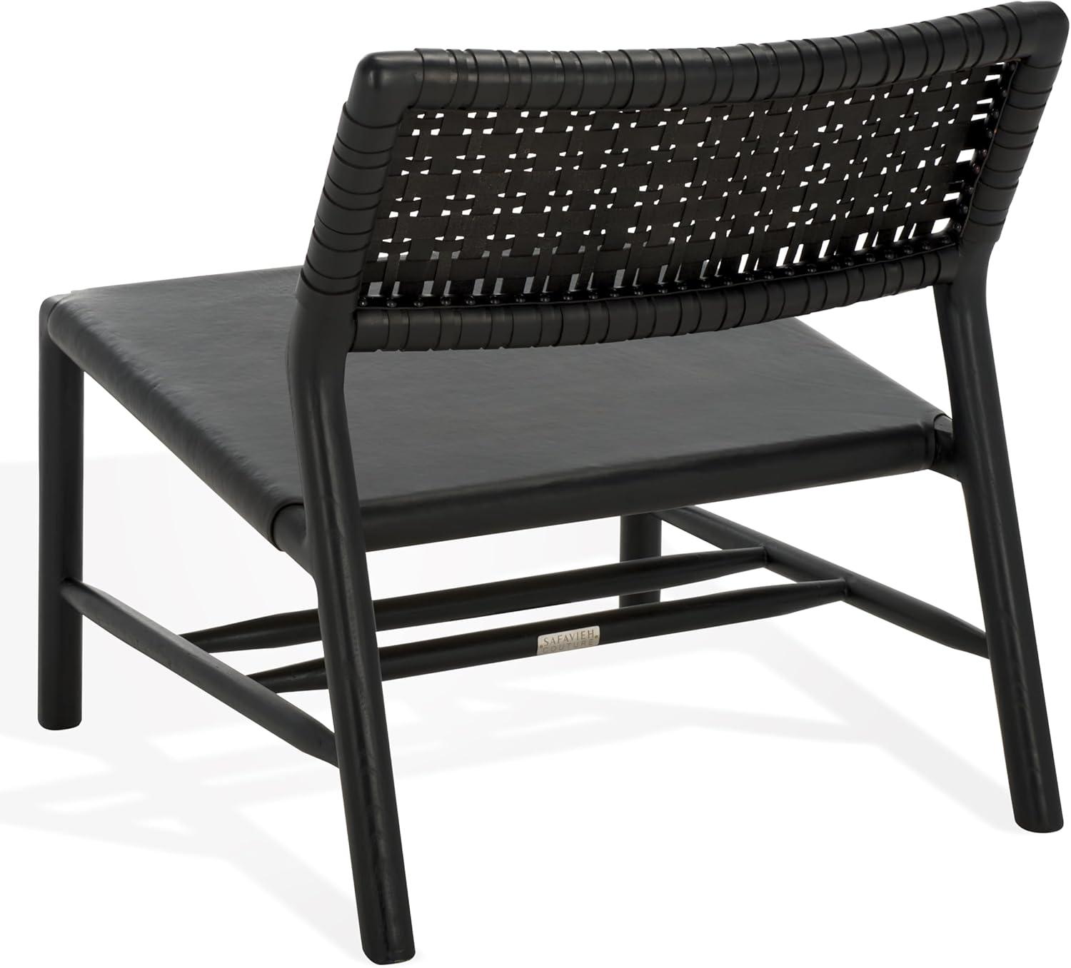 image:imageSAFAVIEH Couture Collection Valdina Black Woven Leather Accent Chair Low Profile Design Solid Wood Frame Fully Assembled SFV1904ABlackBlack