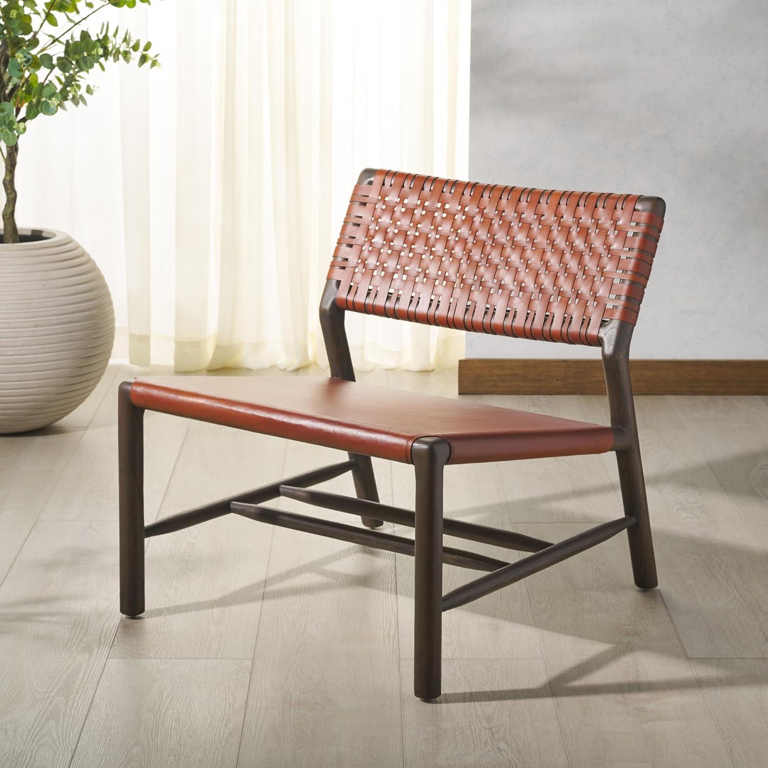 image:imageSAFAVIEH Couture Collection Valdina Black Woven Leather Accent Chair Low Profile Design Solid Wood Frame Fully Assembled SFV1904ABrownWalnut