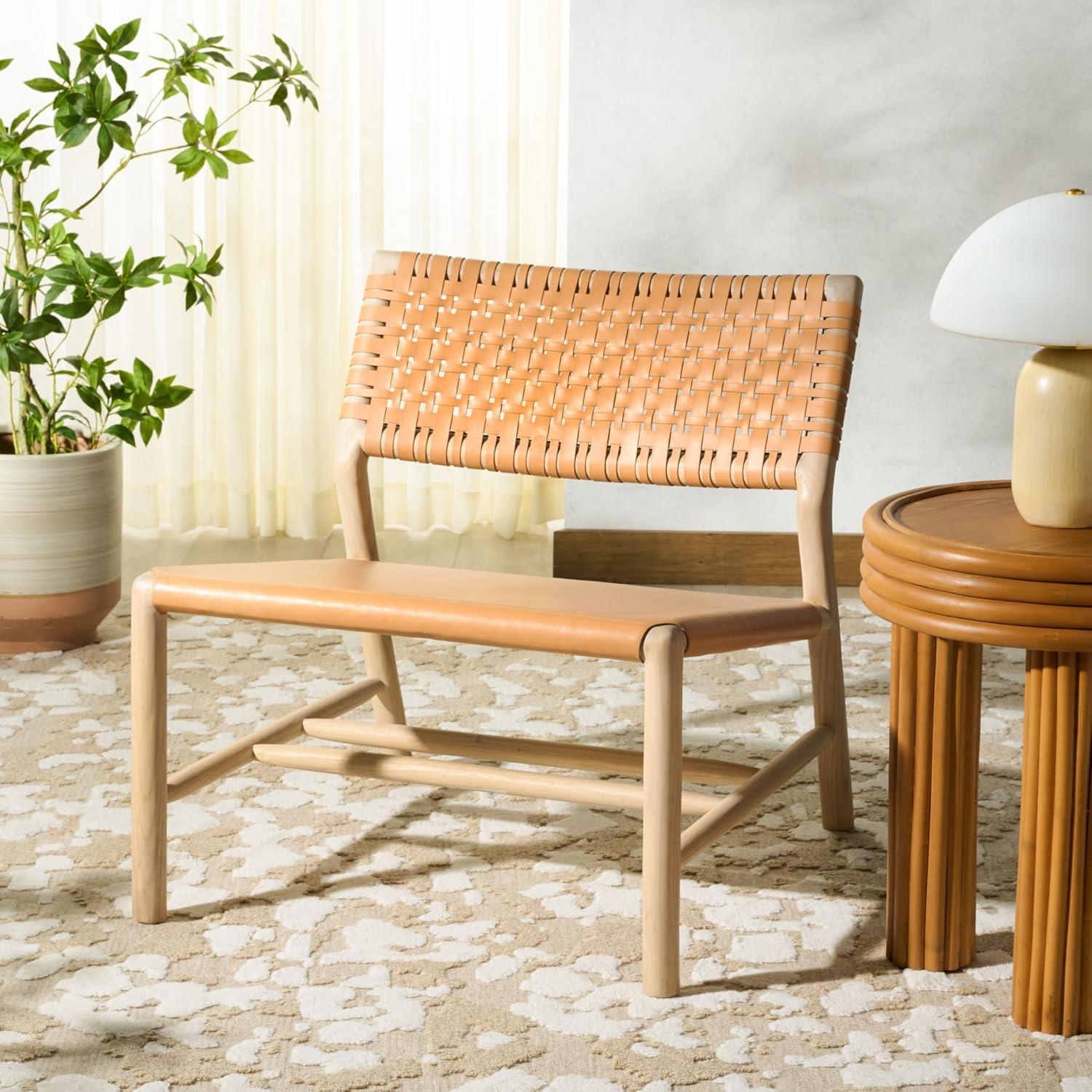image:imageSAFAVIEH Couture Collection Valdina Black Woven Leather Accent Chair Low Profile Design Solid Wood Frame Fully Assembled SFV1904ATanNatural
