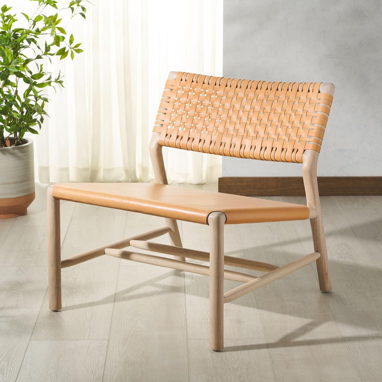 image:imageSAFAVIEH Couture Collection Valdina Black Woven Leather Accent Chair Low Profile Design Solid Wood Frame Fully Assembled SFV1904ATanNatural