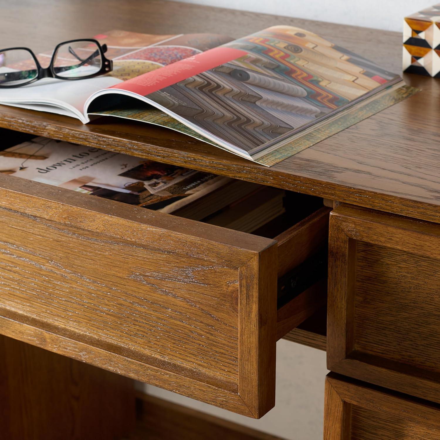 image:imageSAFAVIEH Couture Collection Zeus Black Wood 7Drawer Desk Modern Storage Writing Table SFV4220CMedium Oak