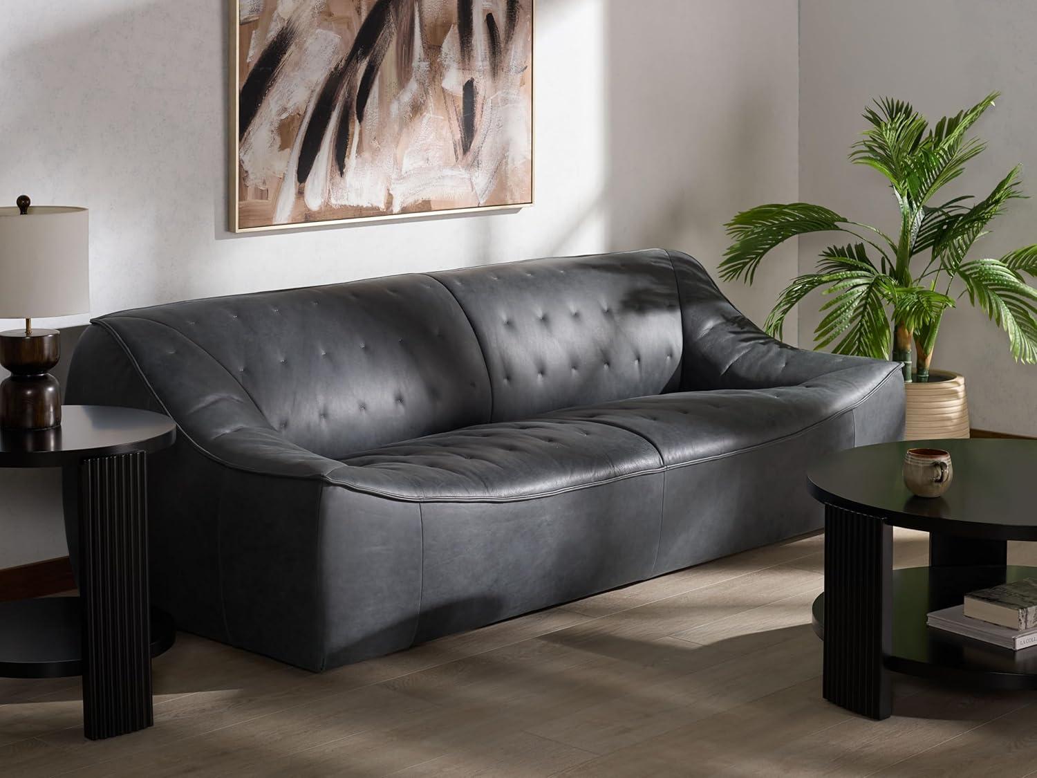 image:imageSAFAVIEH Couture Collection Agitha Modern Dark Grey Italian Leather Tufted Sofa Couch Fully AssembledDark Grey