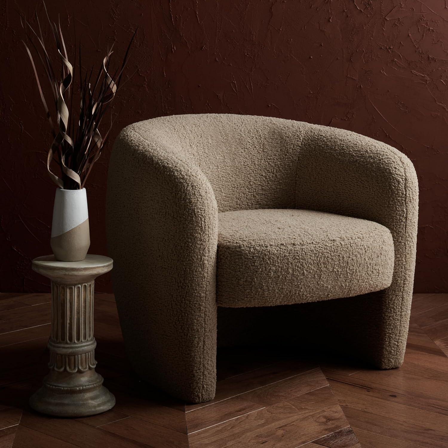 image:imageSAFAVIEH Couture Collection Everly Black Boucle Barrel Back Accent Chair Fully AssembledLight Brown