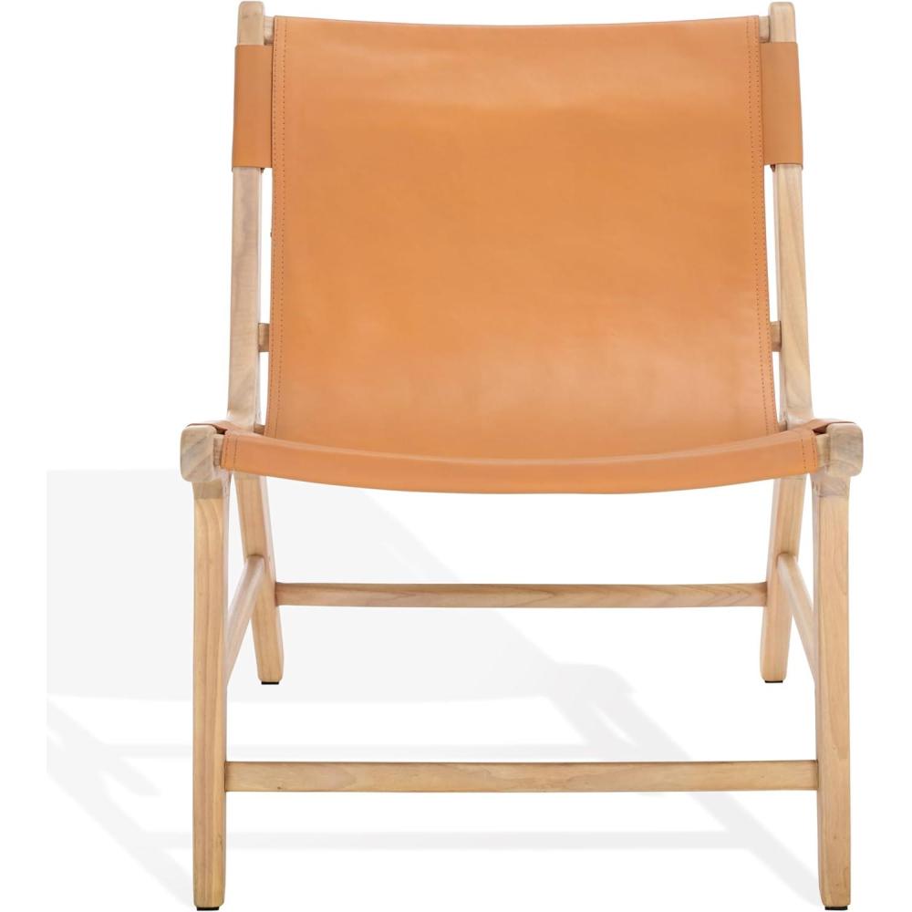image:imageSAFAVIEH Couture Collection  Alanarose Tan amp Natural Solid Teak Wood Accent Chair Modern Sling Style Leather Seat Fully Assembled SFV1903DTanNatural