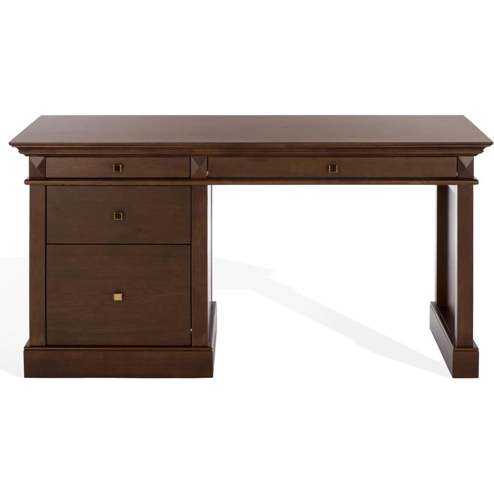 image:imageSAFAVIEH Couture Collection  Francesco Walnut Wood 4Drawer Desk with Brass Accents Modern Writing Table with Storage SFV4239AWalnutBrass