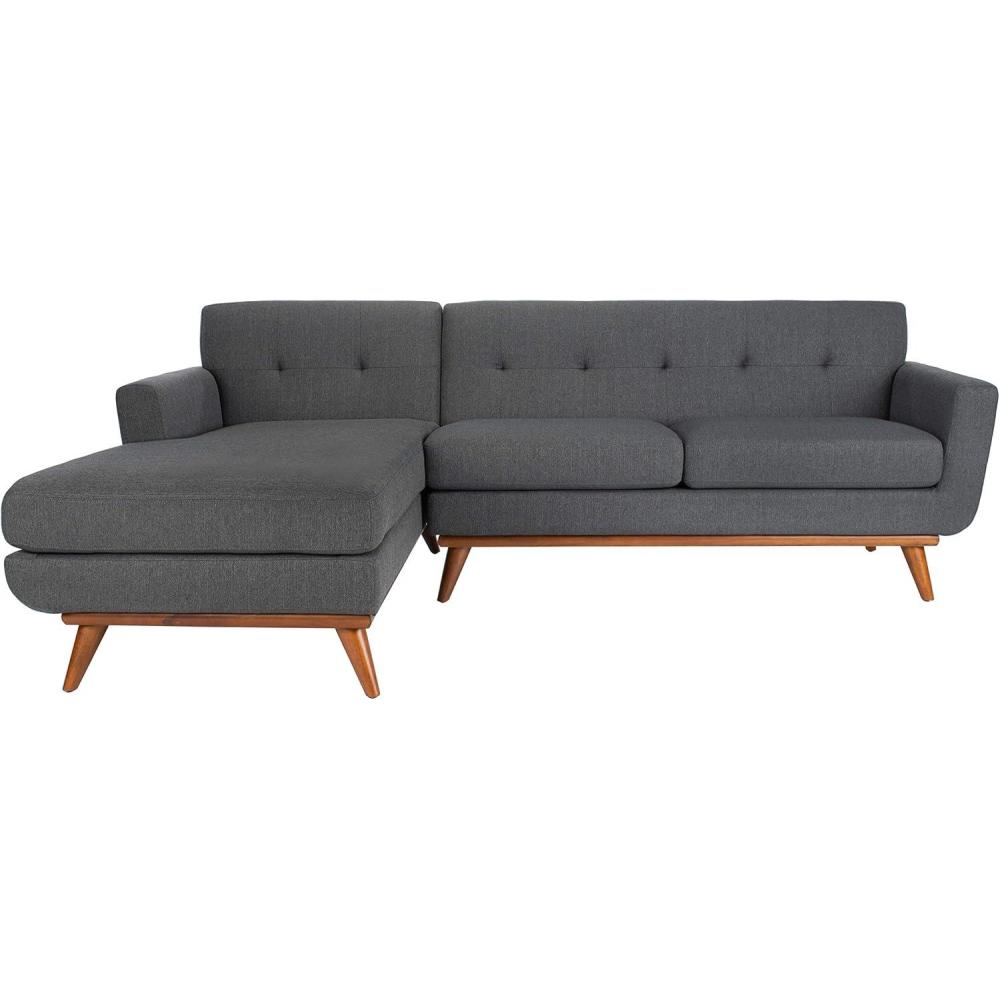 image:imageSAFAVIEH Couture Collection  Nicolettie Linen Chaise Sectional Sofa  Slate Grey MidCentury Modern Design with Tufted Cushions amp Wood Legs LeftFacing Chaise DUP1008ASlateGrey