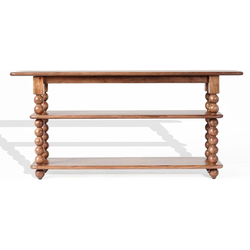 image:imageSAFAVIEH Couture Collection Norbert Brown Solid Wood 2 Shelf Console Table Entryway Storage Table with Turned Legs SFV5795ABrown