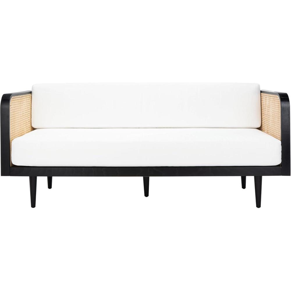 image:imageSAFAVIEH Couture Collection  Petroski French Cane Sofa Black Wood Frame with Natural Rattan Sides Modern Design DUP1007ABlackNatural