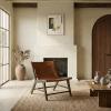 SAFAVIEH Couture Collection – Alanarose Tan & Natural Solid Teak Wood Accent Chair, Modern Sling Style, Leather Seat, Fully Assembled (SFV1903D)(Brown/Walnut)