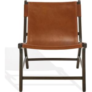 SAFAVIEH Couture Collection – Alanarose Tan & Natural Solid Teak Wood Accent Chair, Modern Sling Style, Leather Seat, Fully Assembled (SFV1903D)(Brown/Walnut)