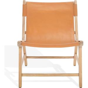 SAFAVIEH Couture Collection – Alanarose Tan & Natural Solid Teak Wood Accent Chair, Modern Sling Style, Leather Seat, Fully Assembled (SFV1903D)(Tan/Natural)
