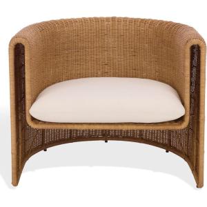 SAFAVIEH Couture Collection – O’Reilly Rattan Accent Chair with Cushion, Sculptural Barrel Chair for Living Room or Bedroom, Fully Assembled (CWK3025A)(Natural/White)