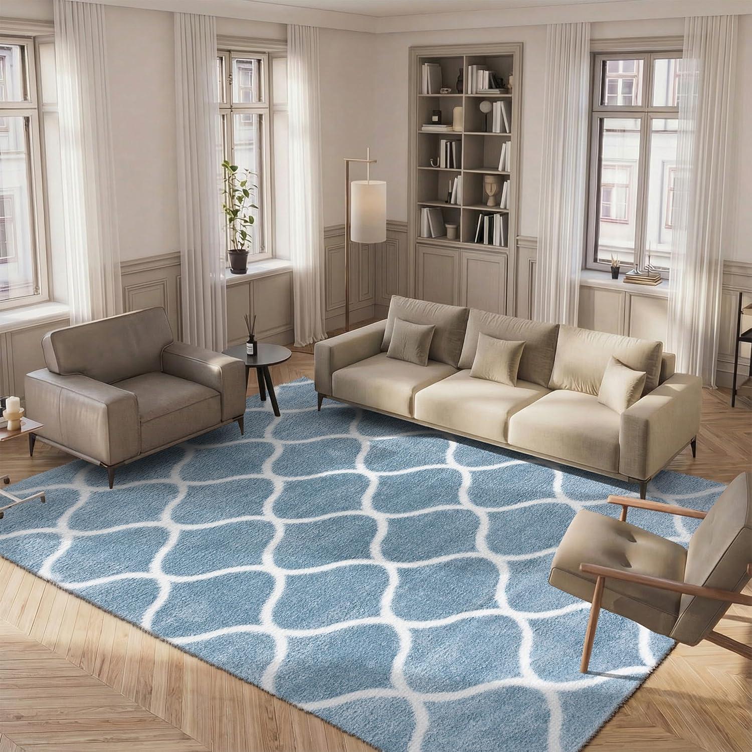 image:imageSAFAVIEH Area Rug 8x10 Tahoe Shag Collection Large Silver amp White Trellis Pattern NonShedding amp Easy Cleaning Plush Thick Pile Ideal for Living Room Bedroom Dining Space THO677GBlueWhite