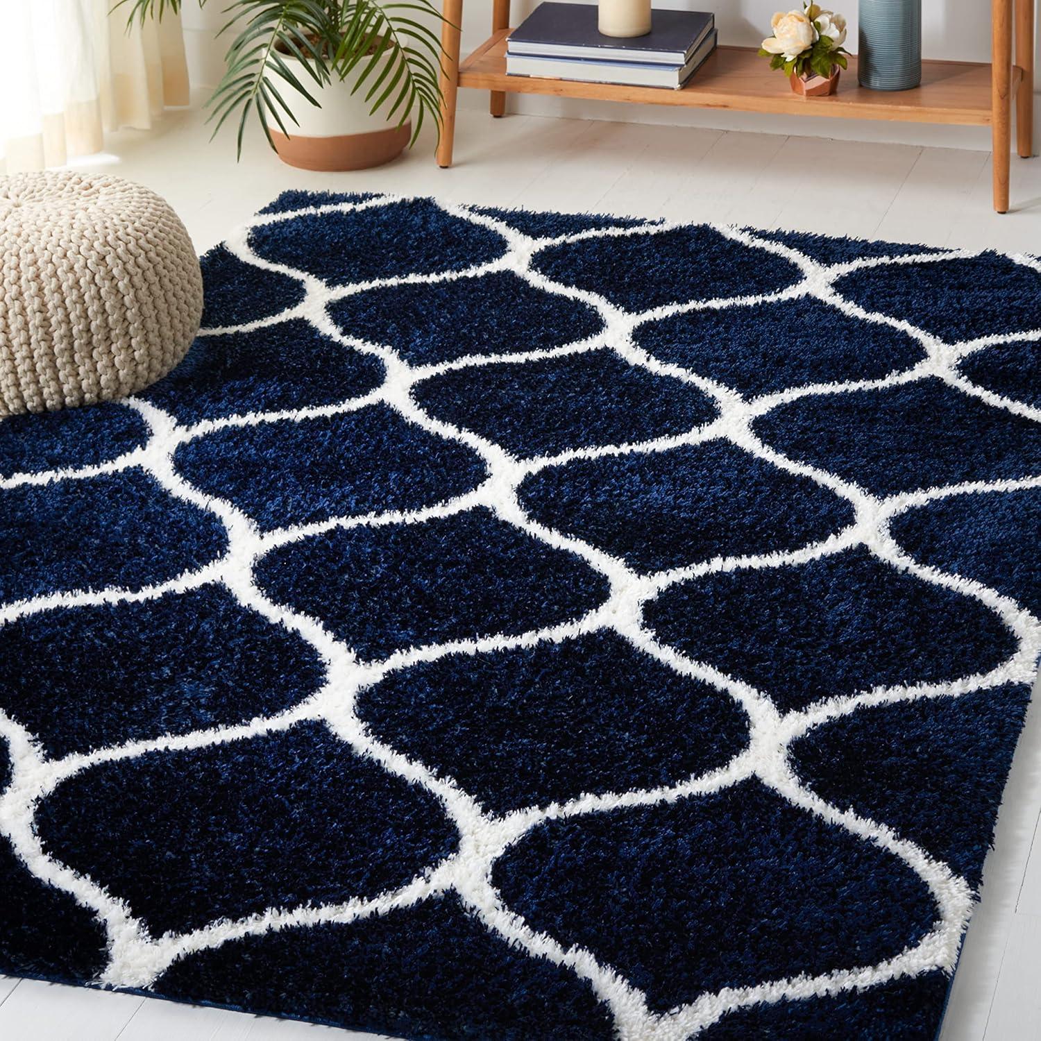 image:imageSAFAVIEH Area Rug 8x10 Tahoe Shag Collection Large Silver amp White Trellis Pattern NonShedding amp Easy Cleaning Plush Thick Pile Ideal for Living Room Bedroom Dining Space THO677GNavyWhite