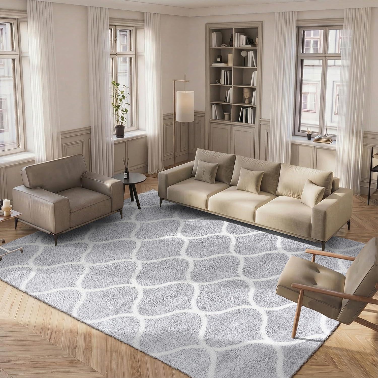image:imageSAFAVIEH Area Rug 8x10 Tahoe Shag Collection Large Silver amp White Trellis Pattern NonShedding amp Easy Cleaning Plush Thick Pile Ideal for Living Room Bedroom Dining Space THO677GLight GreyWhite