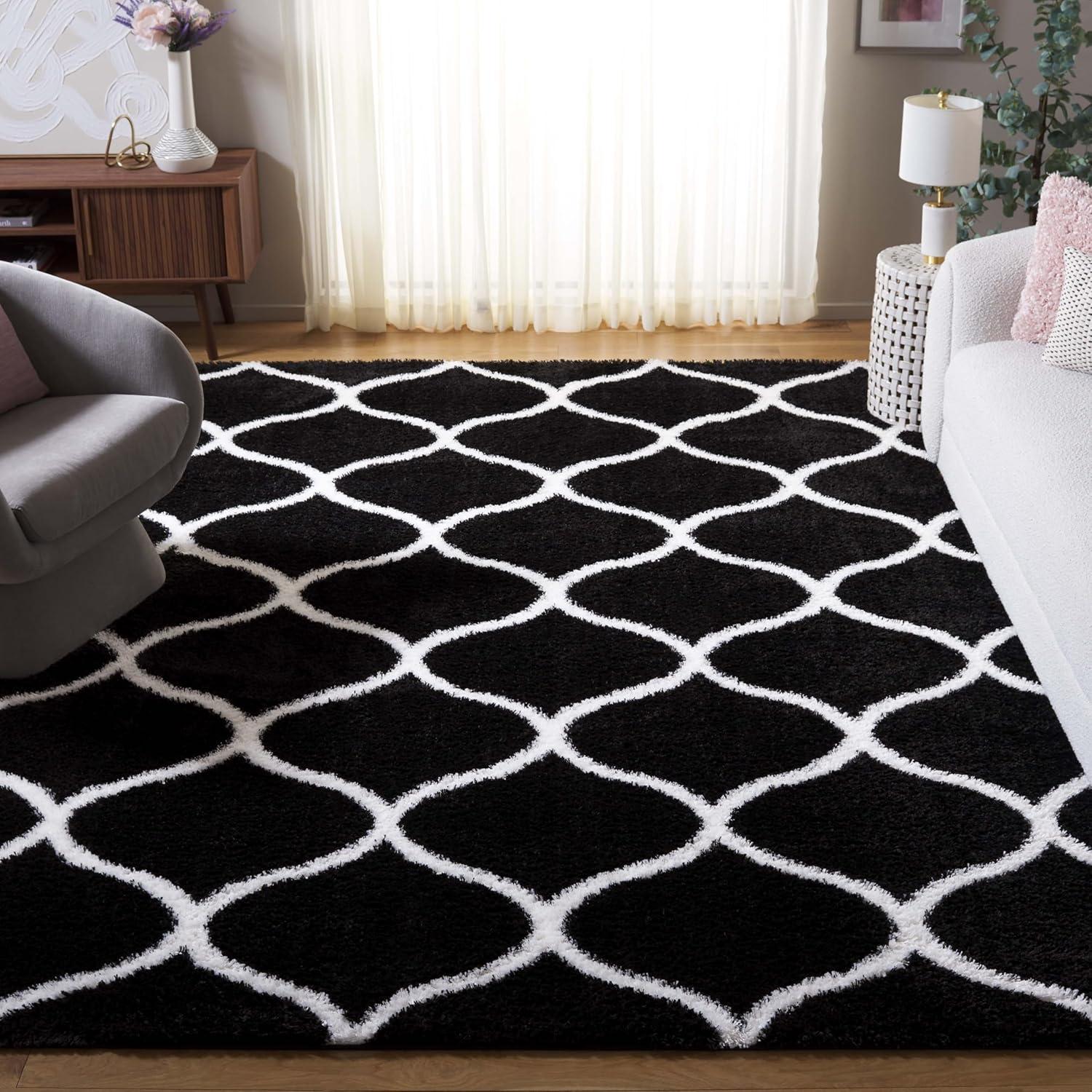 image:imageSAFAVIEH Area Rug 8x10 Tahoe Shag Collection Large Silver amp White Trellis Pattern NonShedding amp Easy Cleaning Plush Thick Pile Ideal for Living Room Bedroom Dining Space THO677GBlackWhite