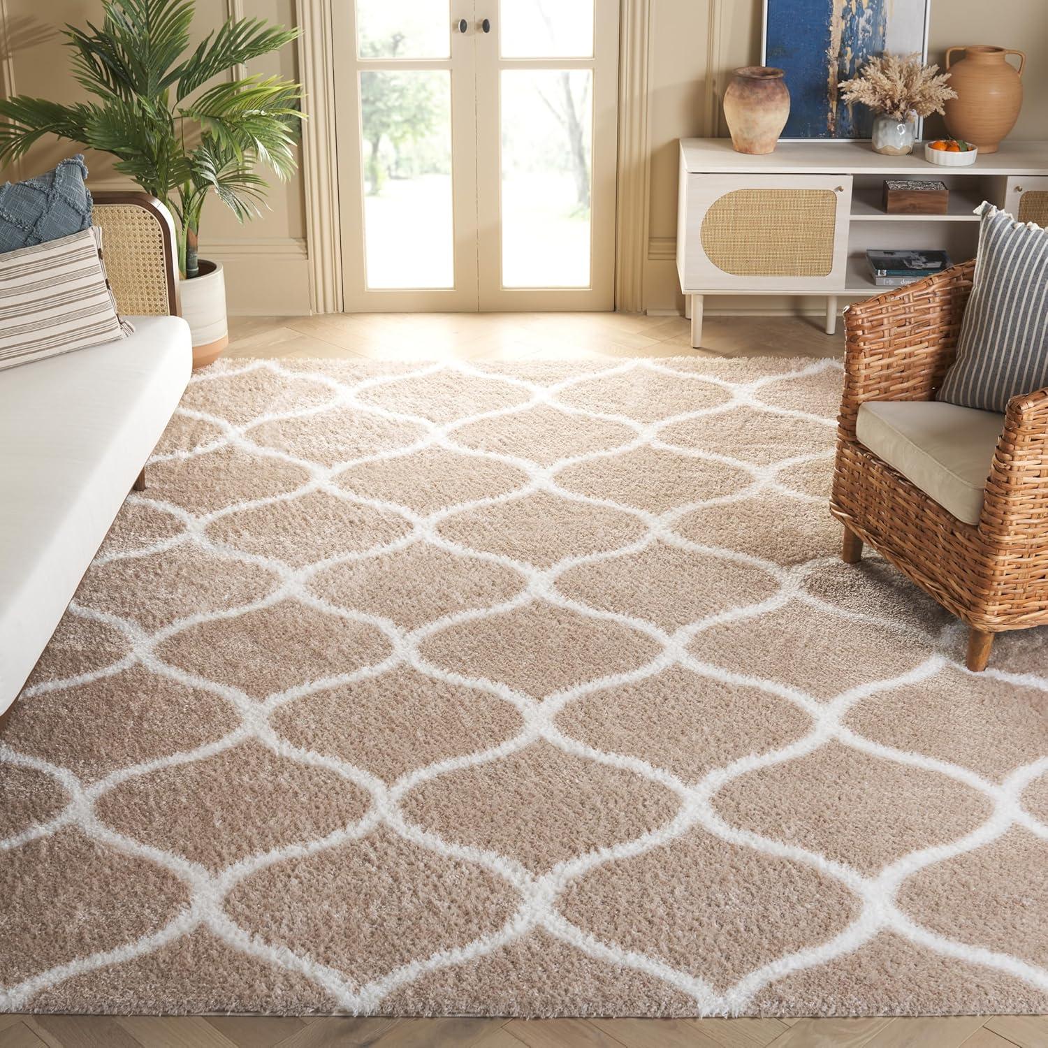 image:imageSAFAVIEH Area Rug 8x10 Tahoe Shag Collection Large Silver amp White Trellis Pattern NonShedding amp Easy Cleaning Plush Thick Pile Ideal for Living Room Bedroom Dining Space THO677GBeigeWhite