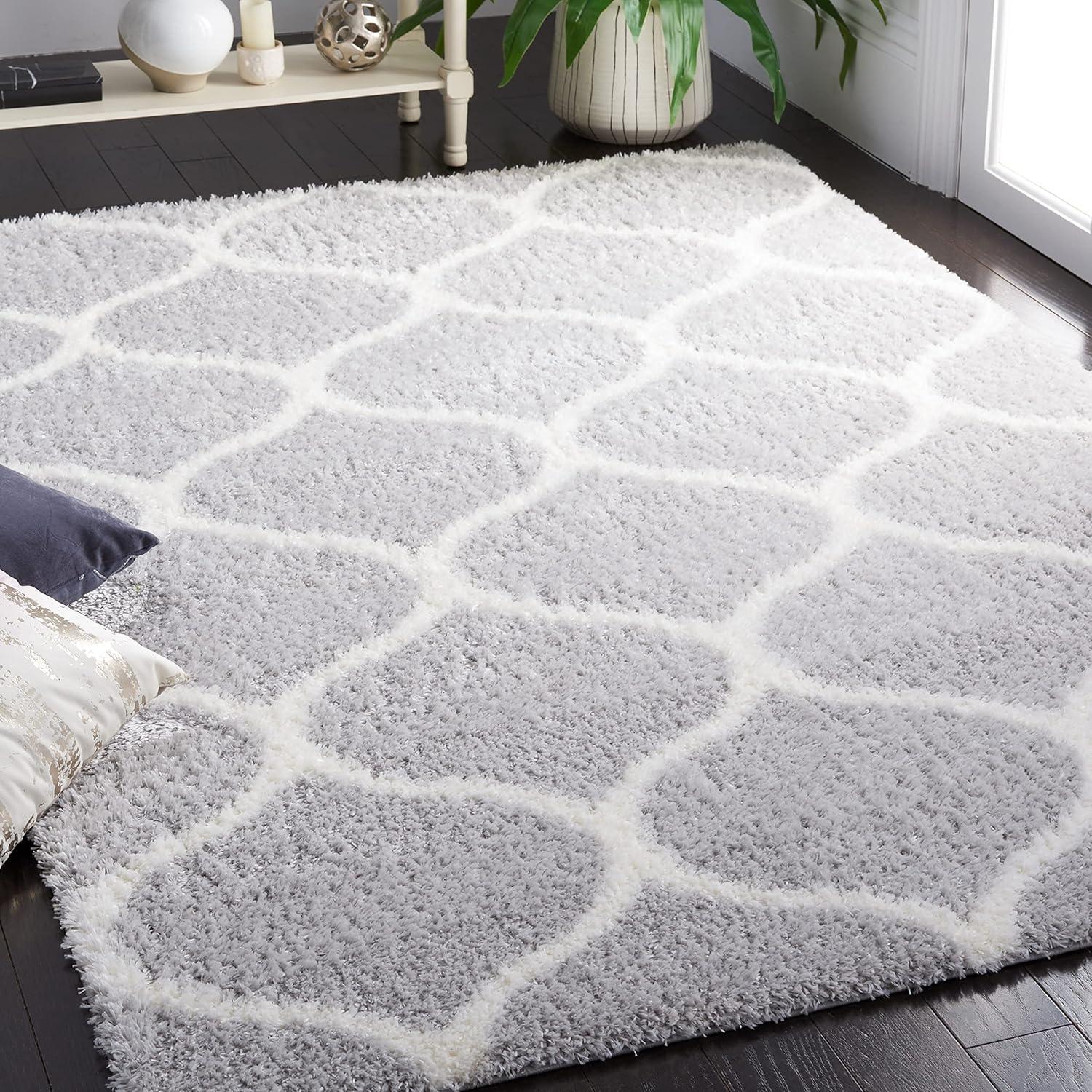 image:imageSAFAVIEH Area Rug 8x10 Tahoe Shag Collection Large Silver amp White Trellis Pattern NonShedding amp Easy Cleaning Plush Thick Pile Ideal for Living Room Bedroom Dining Space THO677GLight GreyWhite