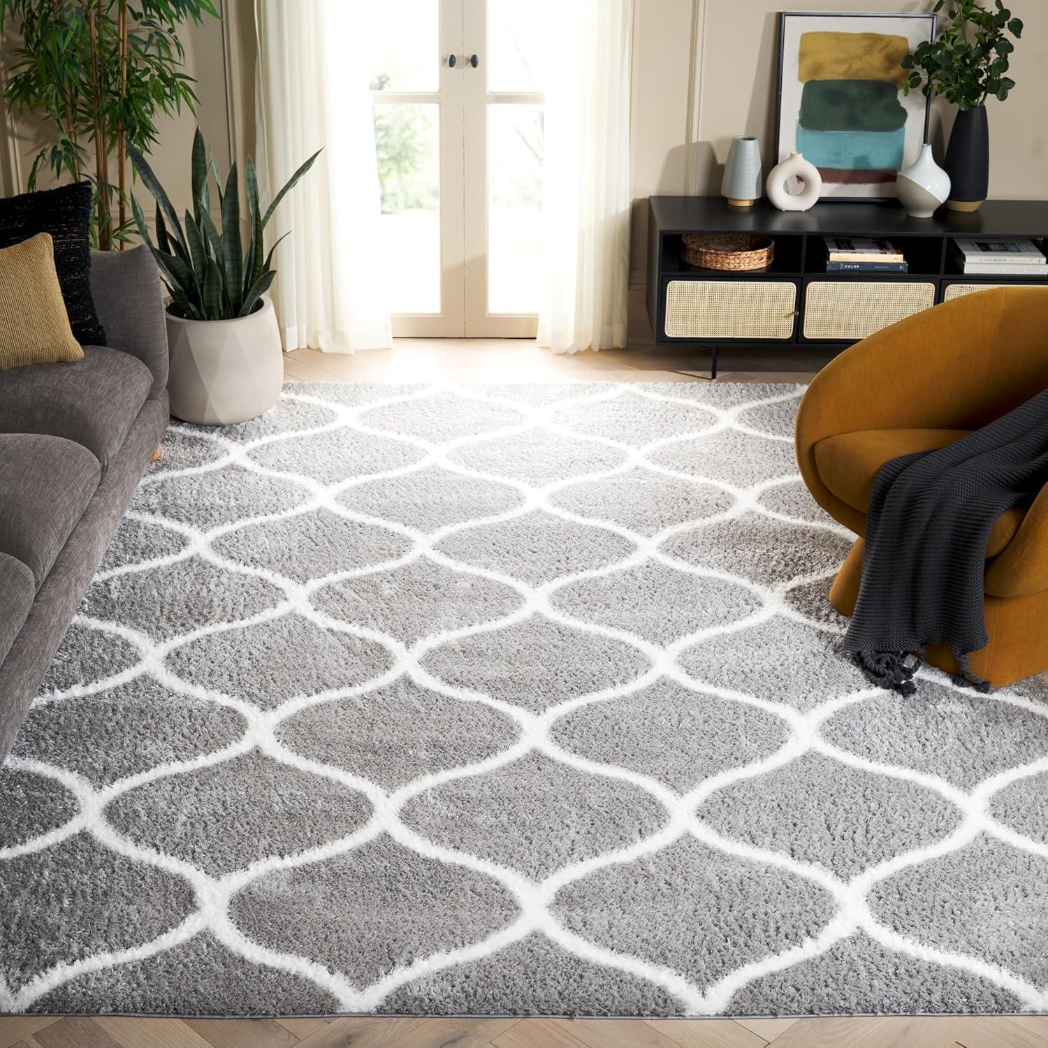 image:imageSAFAVIEH Area Rug 8x10 Tahoe Shag Collection Large Silver amp White Trellis Pattern NonShedding amp Easy Cleaning Plush Thick Pile Ideal for Living Room Bedroom Dining Space THO677GGreyWhite