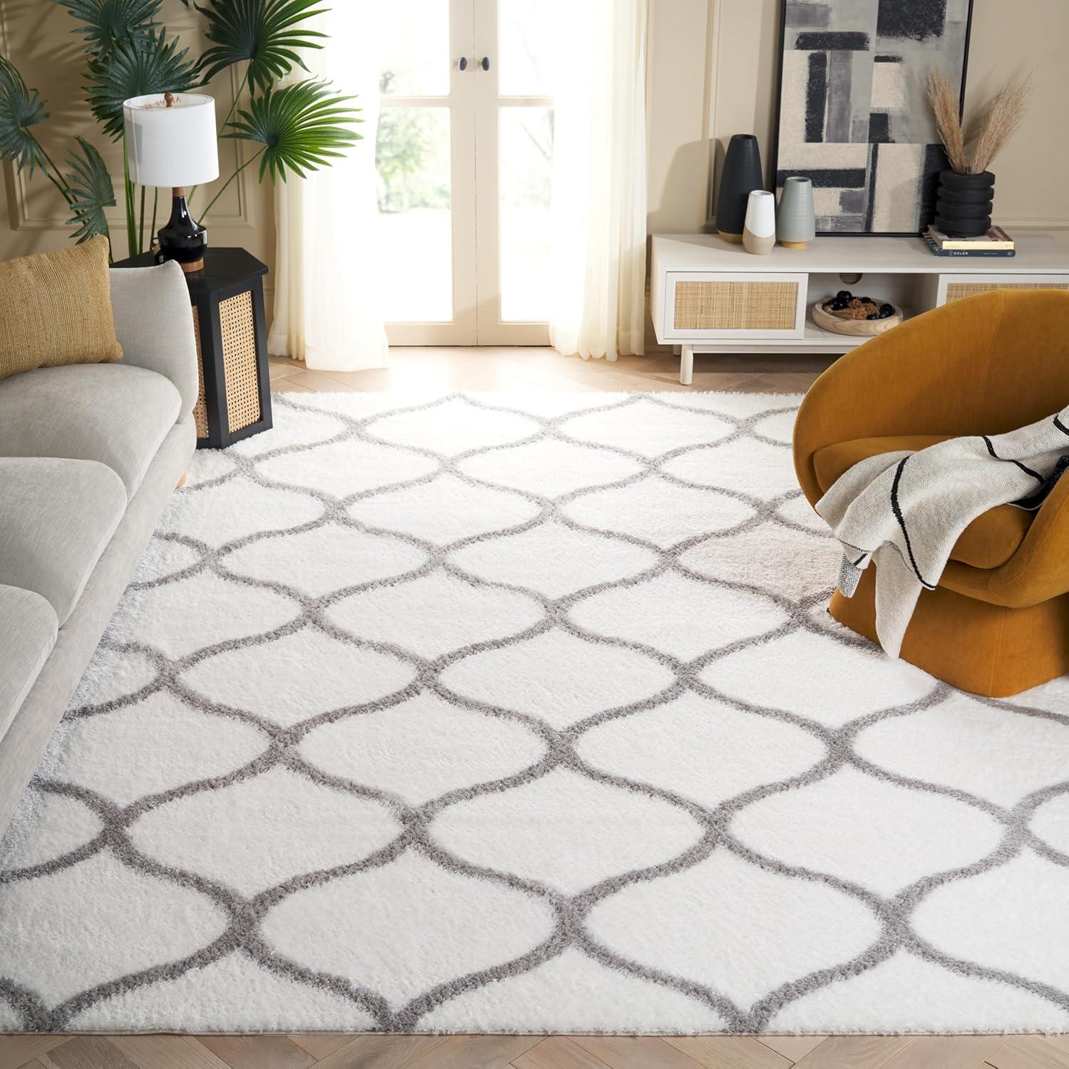 image:imageSAFAVIEH Area Rug 8x10 Tahoe Shag Collection Large Silver amp White Trellis Pattern NonShedding amp Easy Cleaning Plush Thick Pile Ideal for Living Room Bedroom Dining Space THO677GWhiteGrey