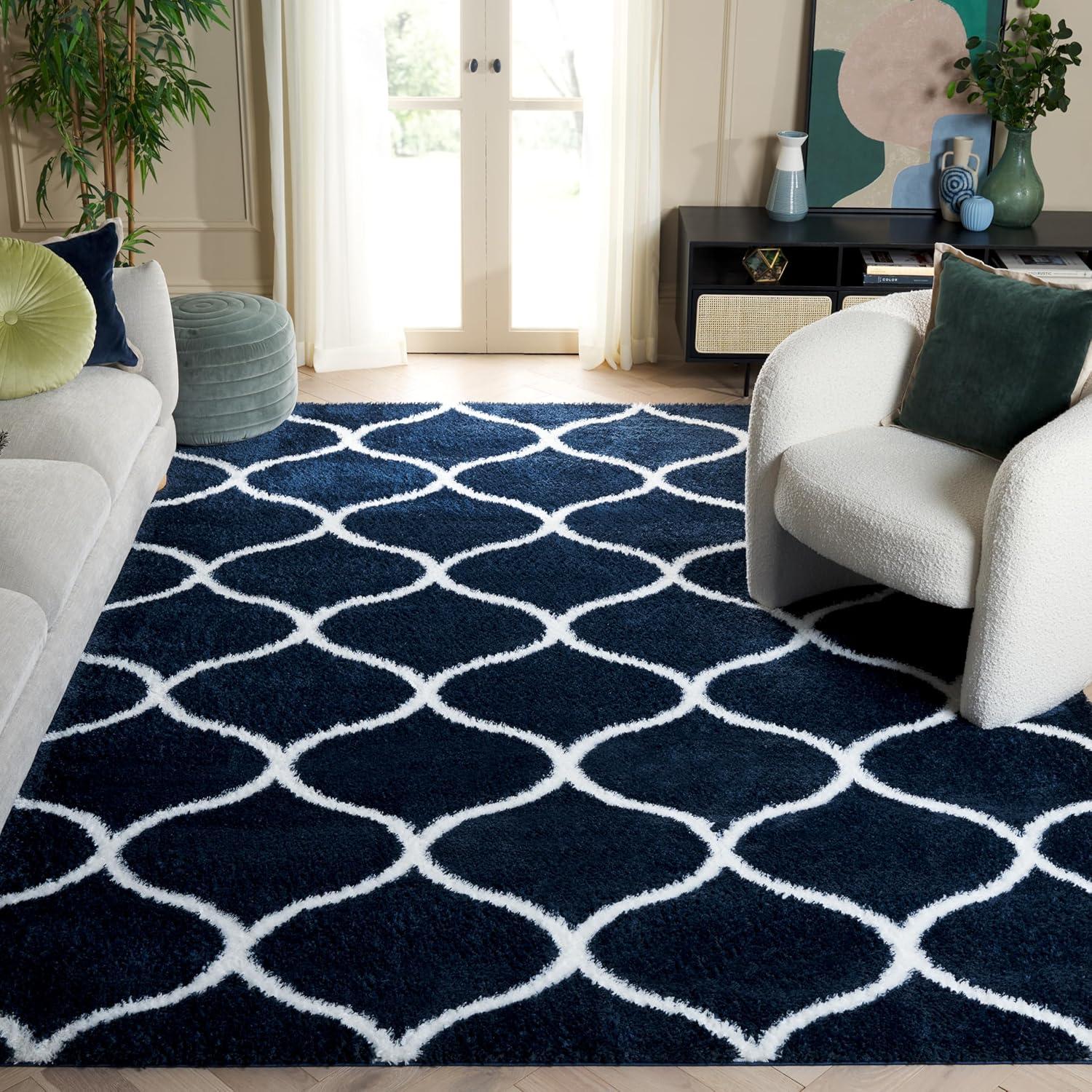 image:imageSAFAVIEH Area Rug 8x10 Tahoe Shag Collection Large Silver amp White Trellis Pattern NonShedding amp Easy Cleaning Plush Thick Pile Ideal for Living Room Bedroom Dining Space THO677GNavyWhite