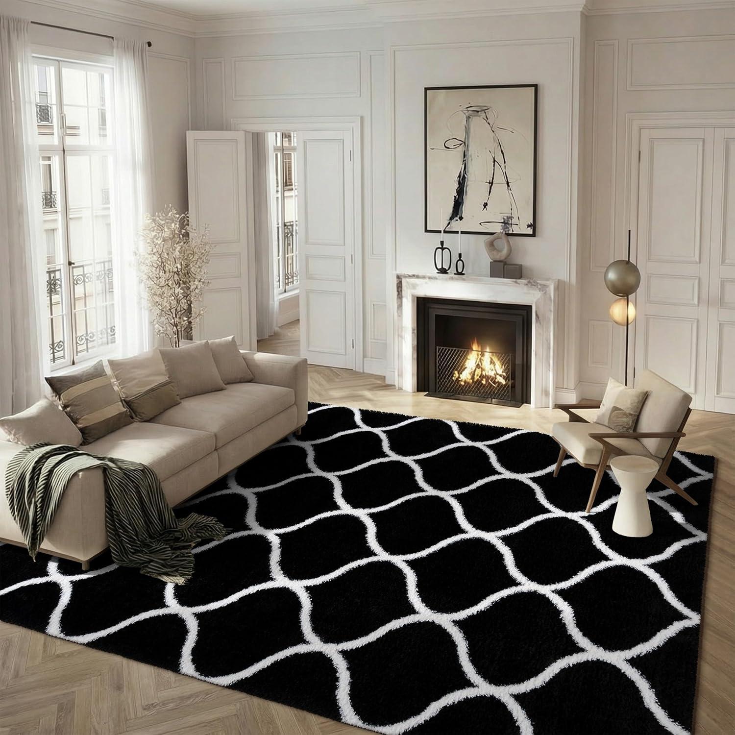 image:imageSAFAVIEH Area Rug 8x10 Tahoe Shag Collection Large Silver amp White Trellis Pattern NonShedding amp Easy Cleaning Plush Thick Pile Ideal for Living Room Bedroom Dining Space THO677GBlackWhite