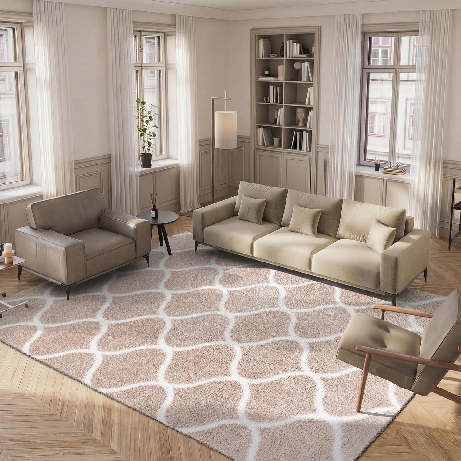 image:imageSAFAVIEH Area Rug 8x10 Tahoe Shag Collection Large Silver amp White Trellis Pattern NonShedding amp Easy Cleaning Plush Thick Pile Ideal for Living Room Bedroom Dining Space THO677GBeigeWhite