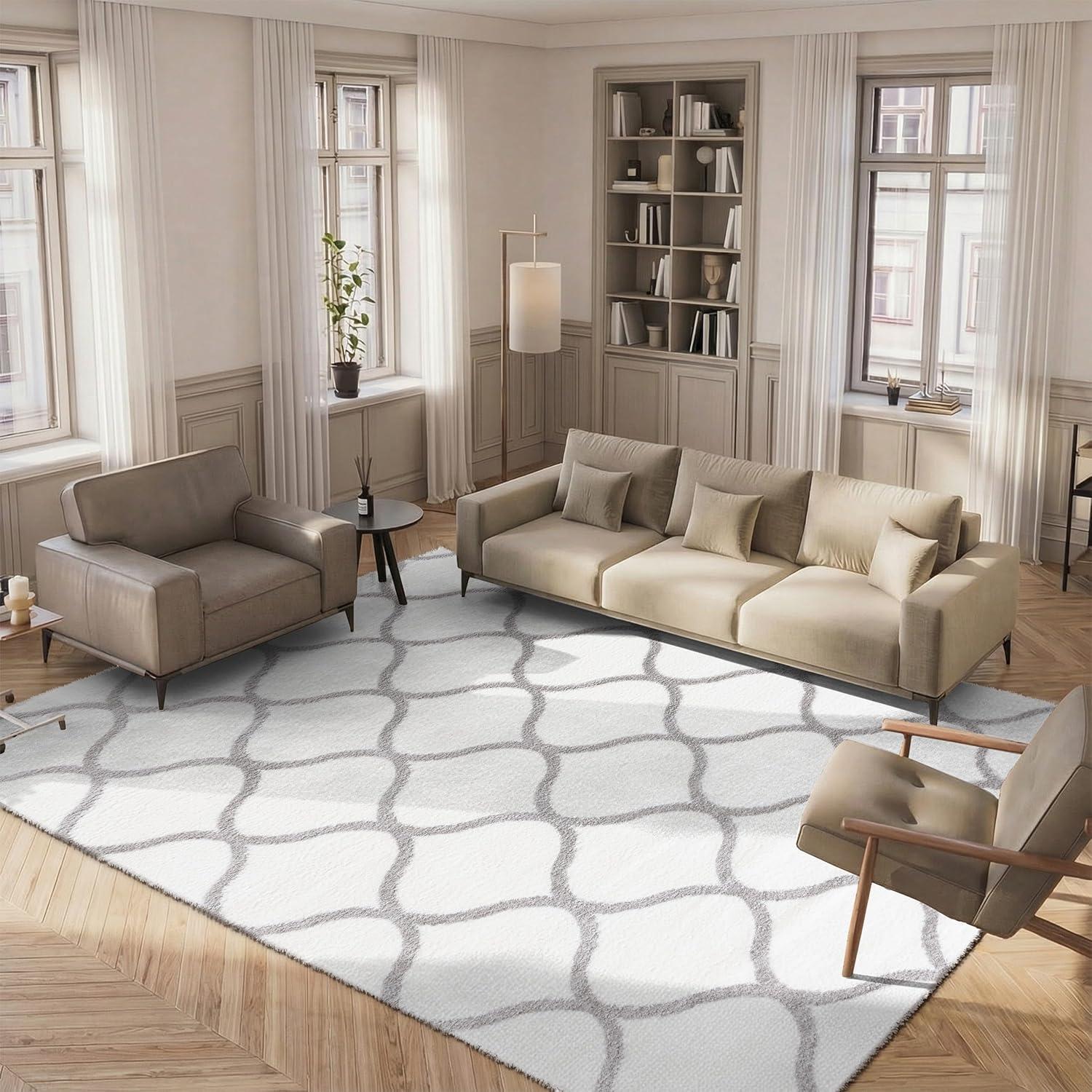 image:imageSAFAVIEH Area Rug 8x10 Tahoe Shag Collection Large Silver amp White Trellis Pattern NonShedding amp Easy Cleaning Plush Thick Pile Ideal for Living Room Bedroom Dining Space THO677GWhiteGrey