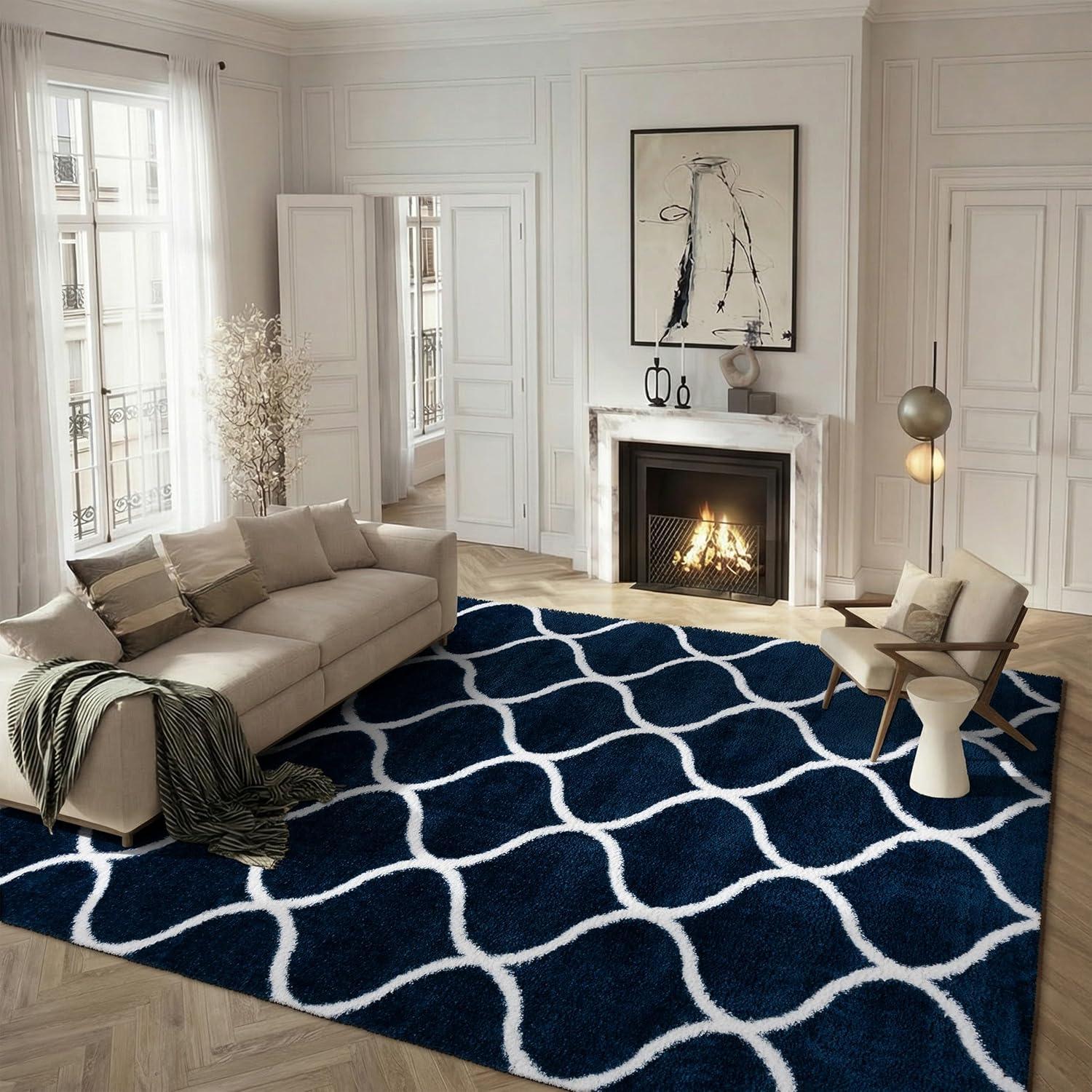 image:imageSAFAVIEH Area Rug 8x10 Tahoe Shag Collection Large Silver amp White Trellis Pattern NonShedding amp Easy Cleaning Plush Thick Pile Ideal for Living Room Bedroom Dining Space THO677GNavyWhite