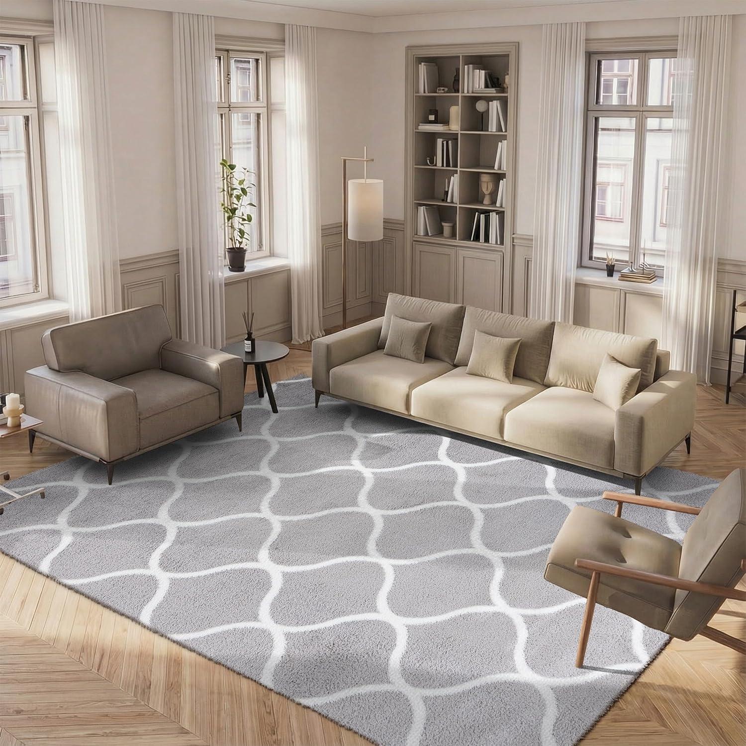 image:imageSAFAVIEH Area Rug 8x10 Tahoe Shag Collection Large Silver amp White Trellis Pattern NonShedding amp Easy Cleaning Plush Thick Pile Ideal for Living Room Bedroom Dining Space THO677GGreyWhite