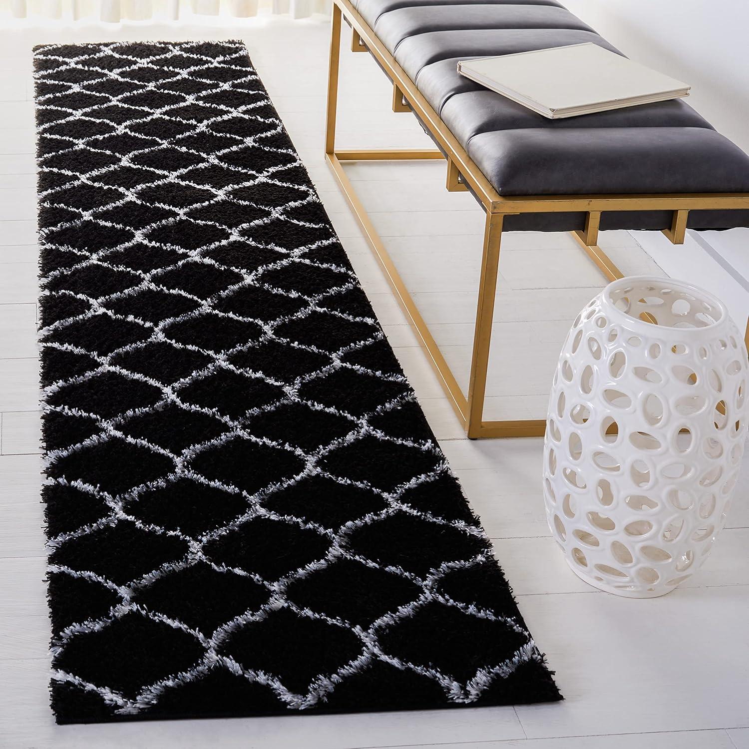 image:imageSAFAVIEH Area Rug 8x10 Tahoe Shag Collection Large Silver amp White Trellis Pattern NonShedding amp Easy Cleaning Plush Thick Pile Ideal for Living Room Bedroom Dining Space THO677GBlackWhite