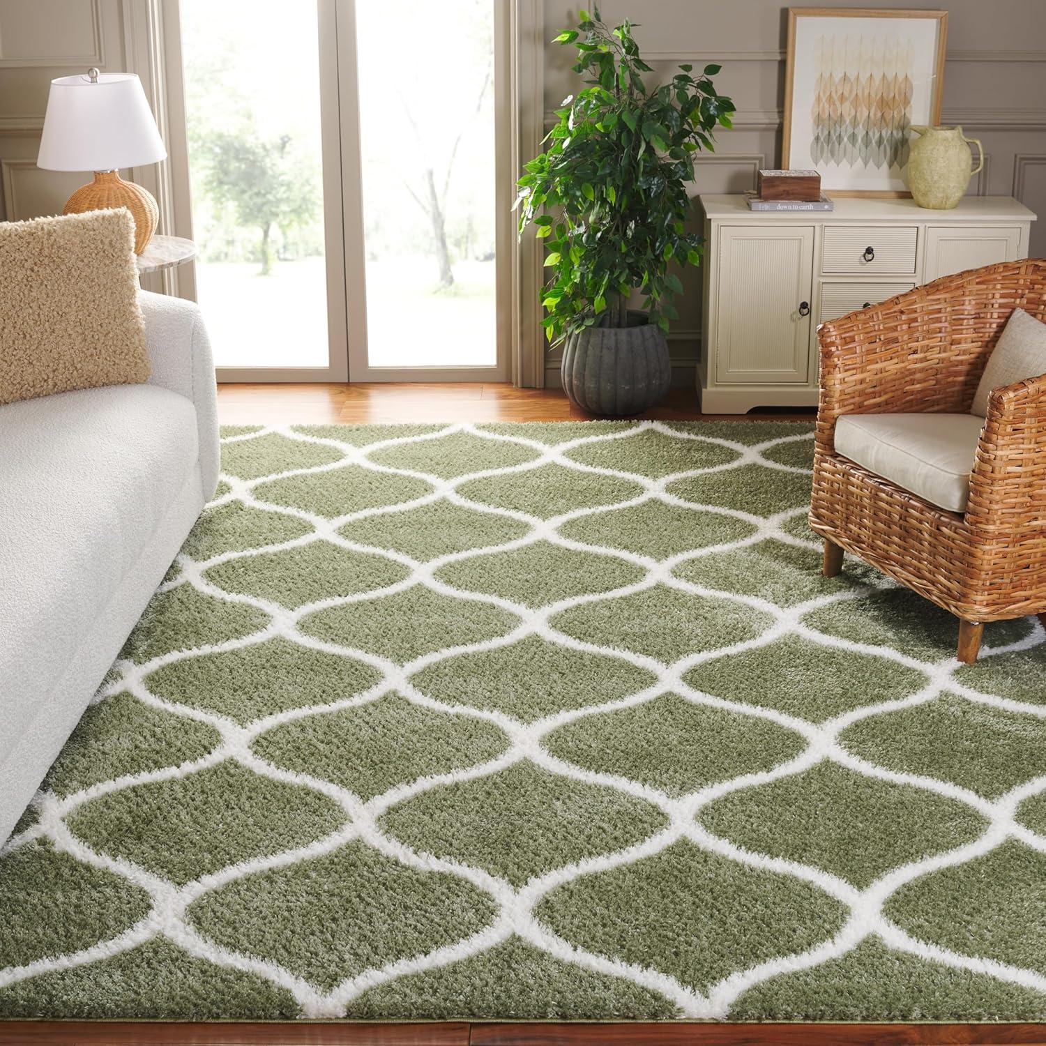 image:imageSAFAVIEH Area Rug 8x10 Tahoe Shag Collection Large Silver amp White Trellis Pattern NonShedding amp Easy Cleaning Plush Thick Pile Ideal for Living Room Bedroom Dining Space THO677GSageWhite