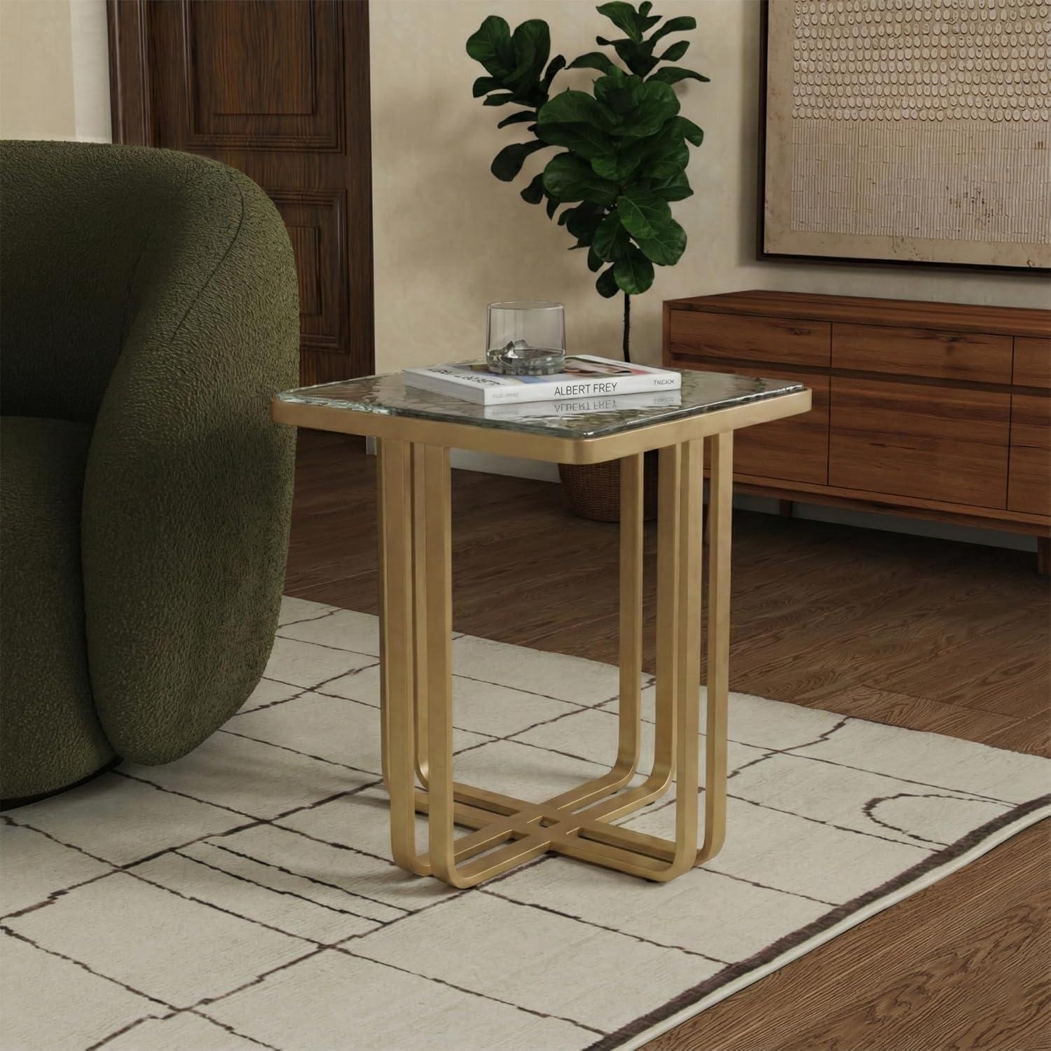image:imageSAFAVIEH Couture Collection Dominic Brass Stainless Steel Accent Table Sculptural Modern Side Table Cast Glass Top Fully Assembled SFV7919ABrassClear