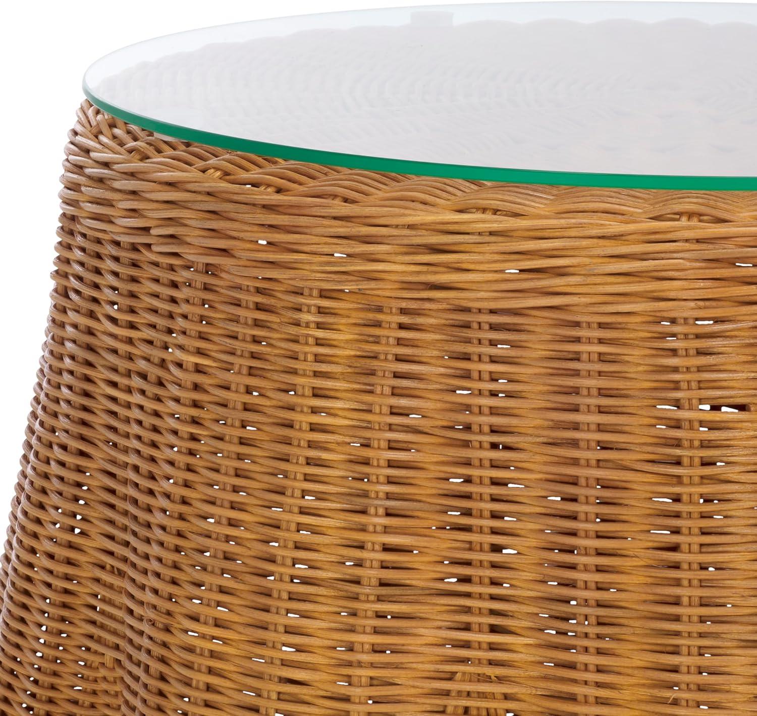 image:imageSAFAVIEH Couture Collection Hylda Natural Rattan Accent Table Round Shape Glass Top Design Fully Assembled CWK3011ANatural