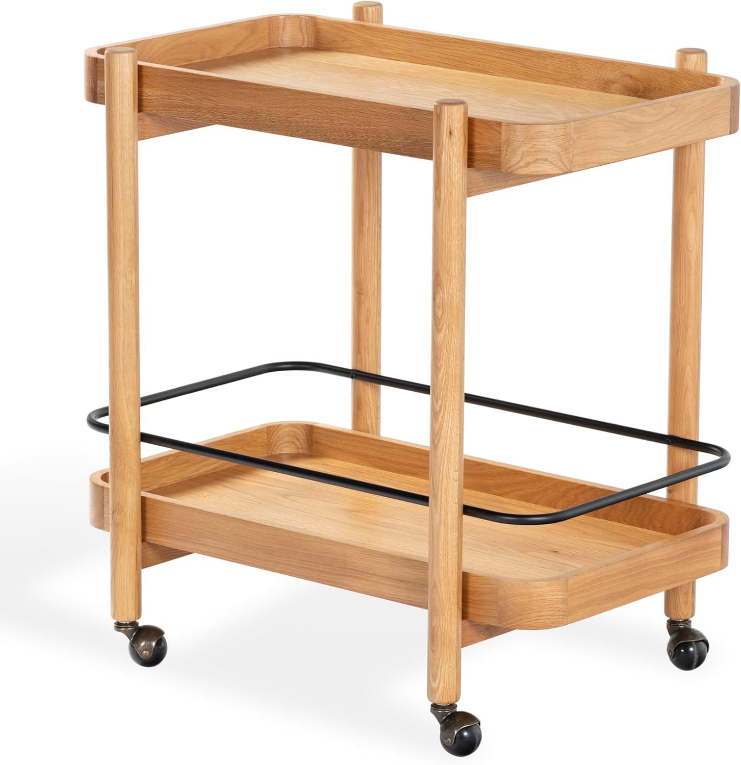 image:imageSAFAVIEH Couture Collection Krystof Natural Brown Wood Bar Cart 2Shelf Rolling Serving Cart with Black Rail Rounded Corners SFV4249ANatural