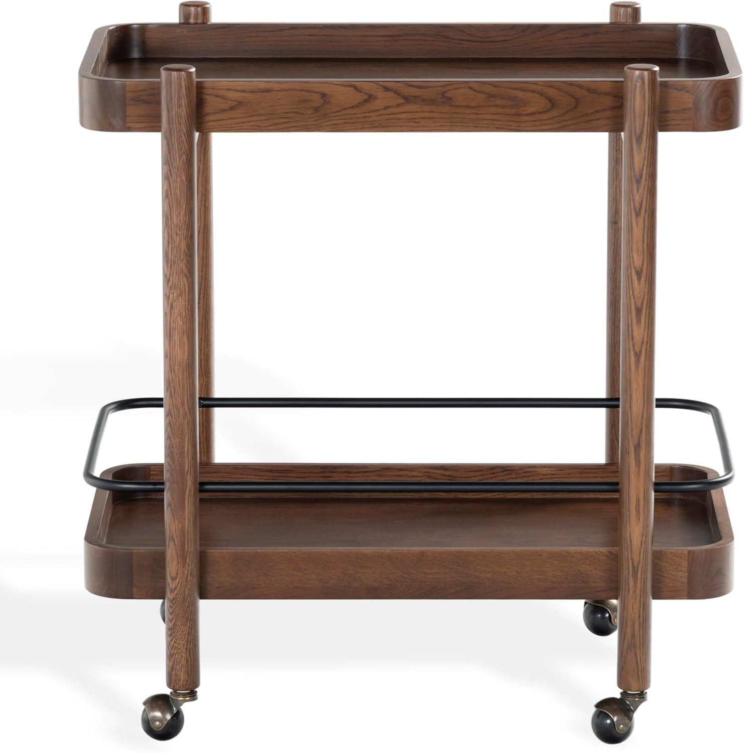 image:imageSAFAVIEH Couture Collection Krystof Natural Brown Wood Bar Cart 2Shelf Rolling Serving Cart with Black Rail Rounded Corners SFV4249AWalnut
