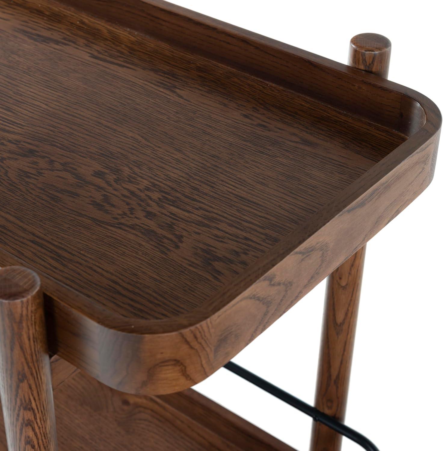 image:imageSAFAVIEH Couture Collection Krystof Natural Brown Wood Bar Cart 2Shelf Rolling Serving Cart with Black Rail Rounded Corners SFV4249AWalnut