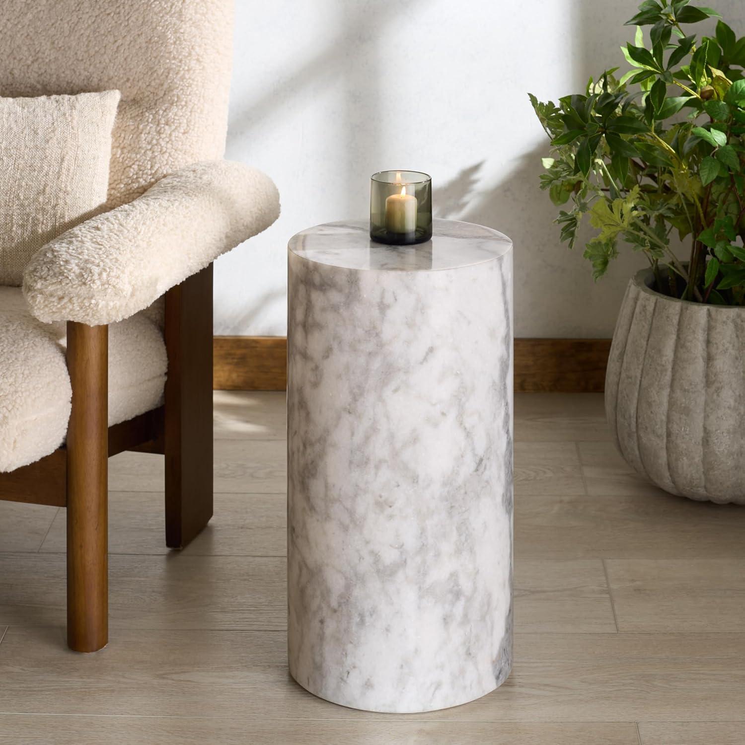 image:imageSAFAVIEH Couture Collection Leah Bryanna White amp Brown Marble Accent Table Round Drink Table Sculptural Pedestal Design SFV9750BWhite