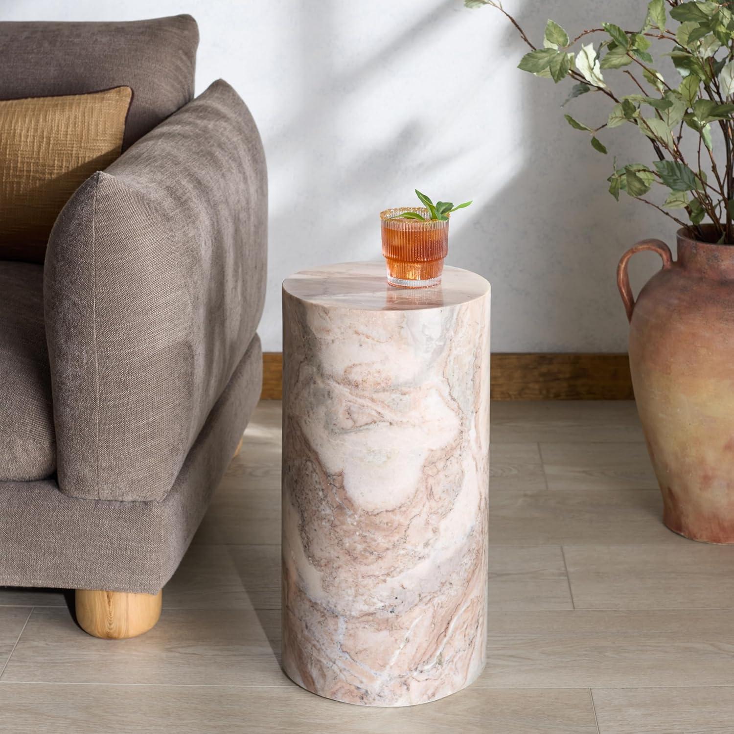 image:imageSAFAVIEH Couture Collection Leah Bryanna White amp Brown Marble Accent Table Round Drink Table Sculptural Pedestal Design SFV9750BWhiteBrown