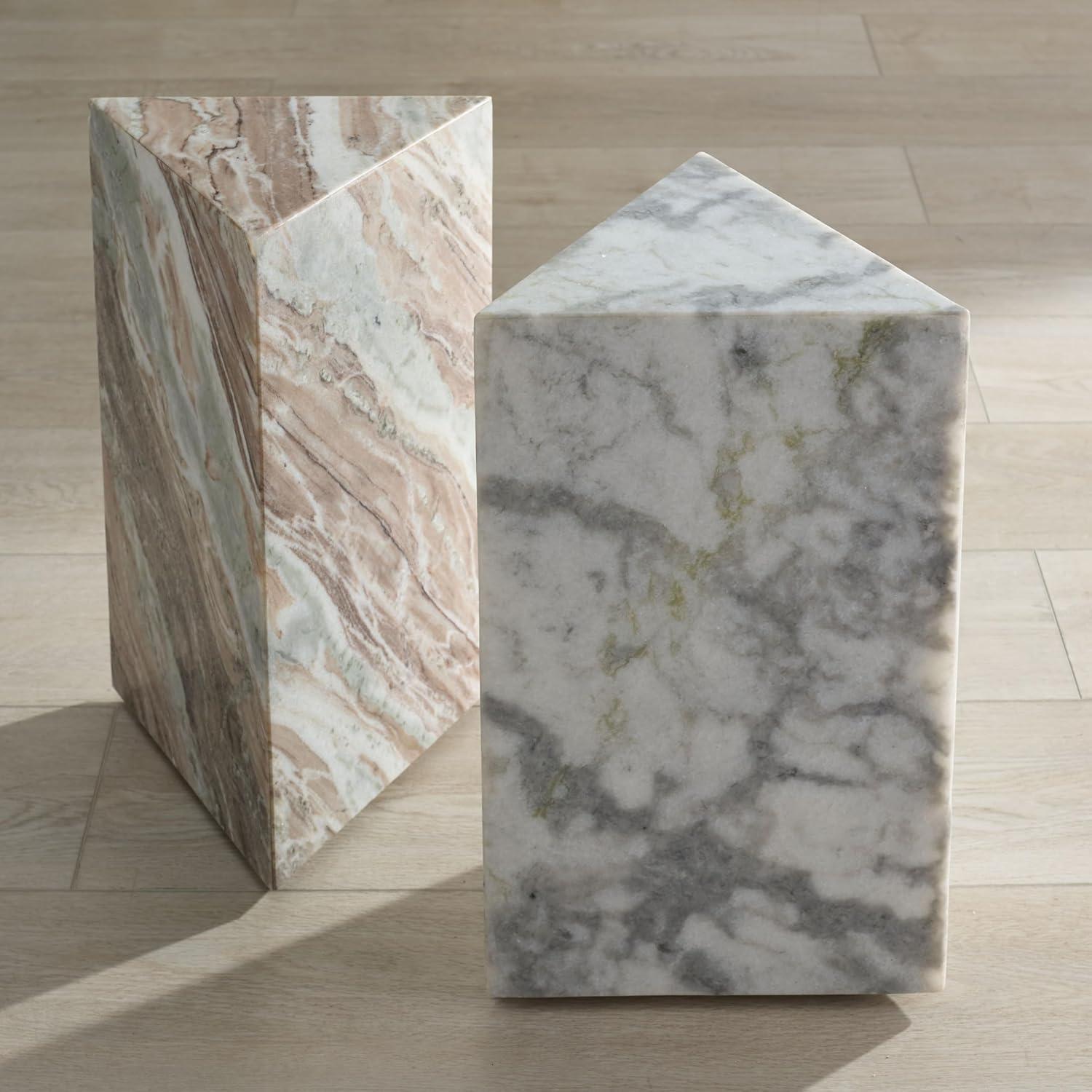 image:imageSAFAVIEH Couture Collection Leah Bryanna White amp Brown Marble Accent Table Triangle Top Drink Table Sculptural Pedestal Design SFV9751BWhite