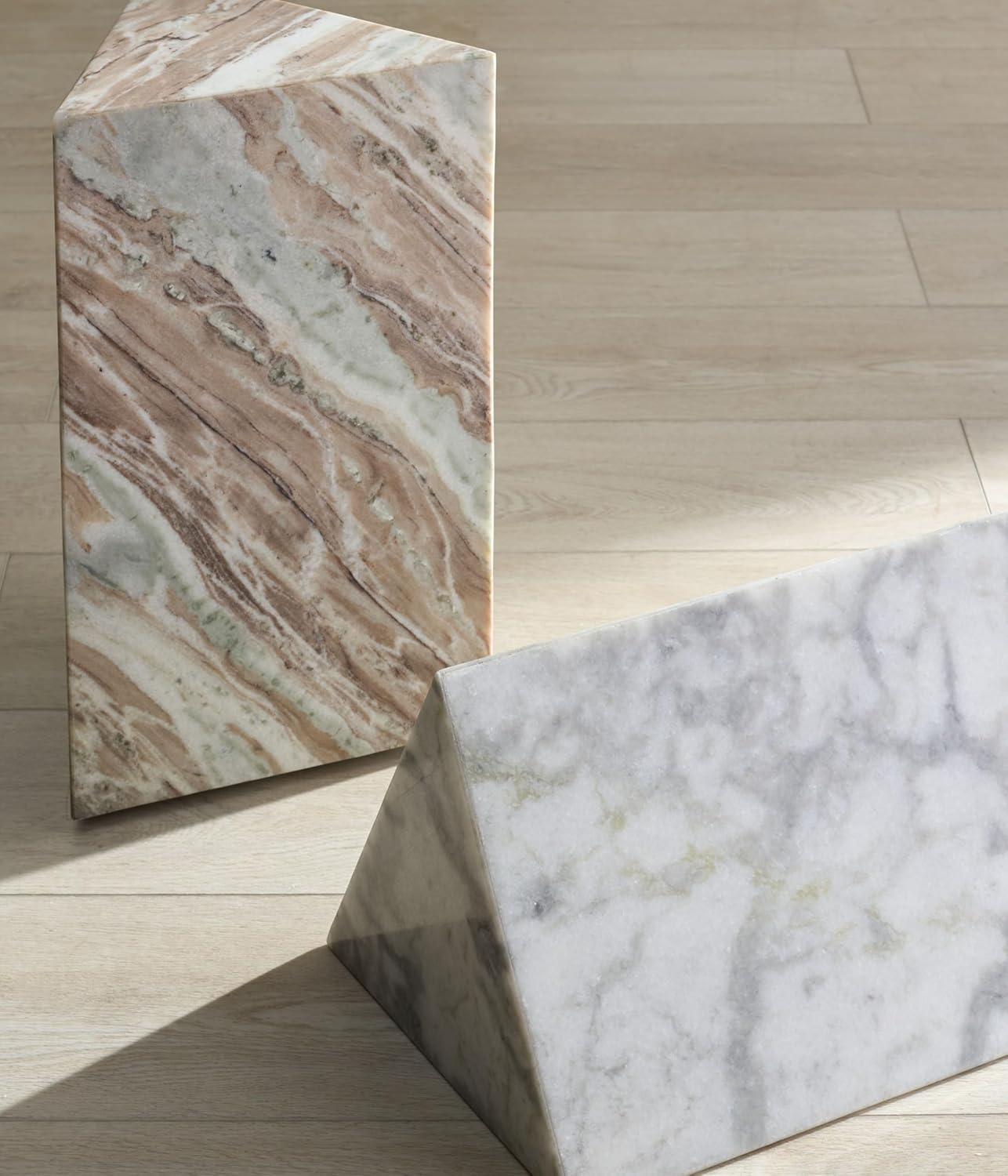 image:imageSAFAVIEH Couture Collection Leah Bryanna White amp Brown Marble Accent Table Triangle Top Drink Table Sculptural Pedestal Design SFV9751BWhite
