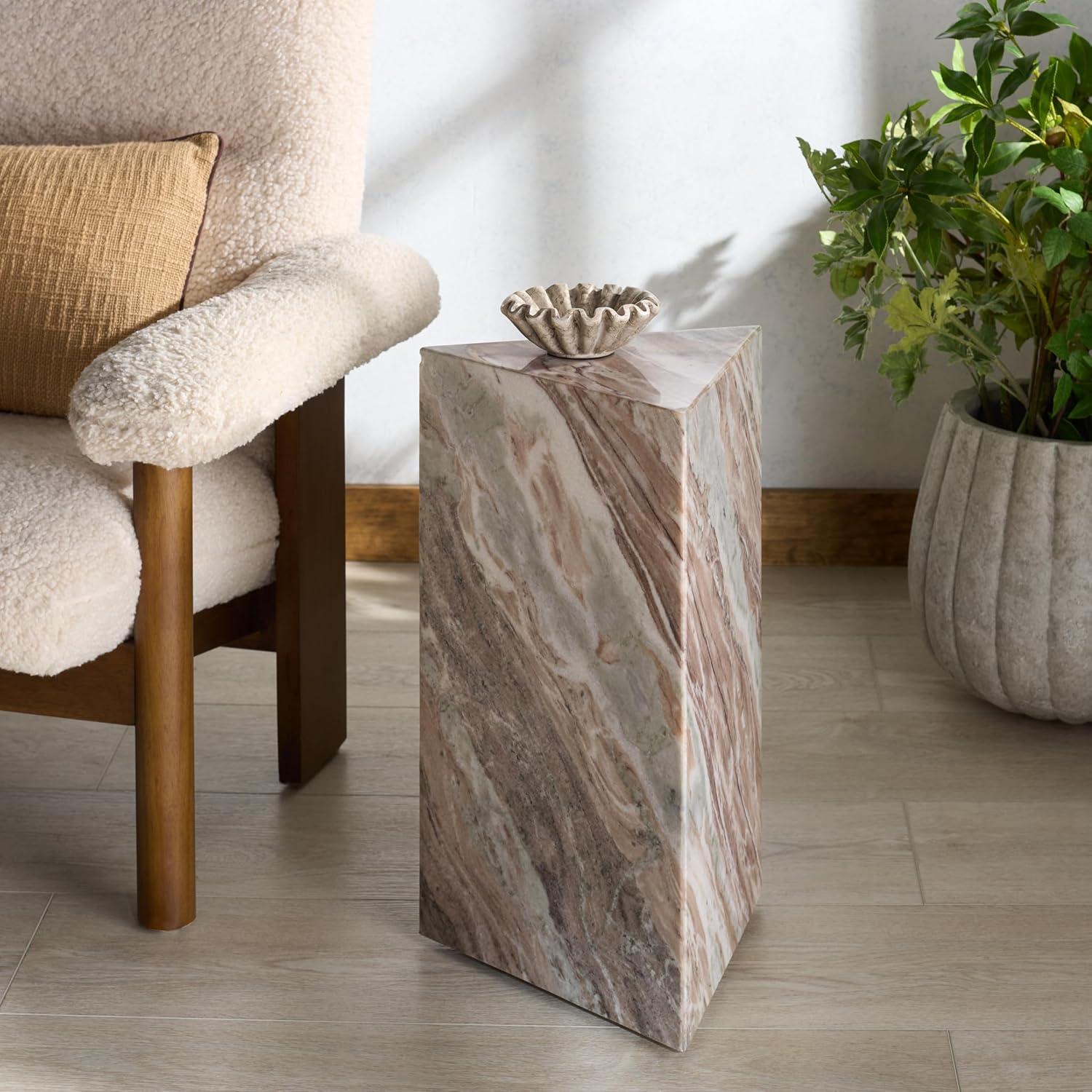 image:imageSAFAVIEH Couture Collection Leah Bryanna White amp Brown Marble Accent Table Triangle Top Drink Table Sculptural Pedestal Design SFV9751BWhiteBrown