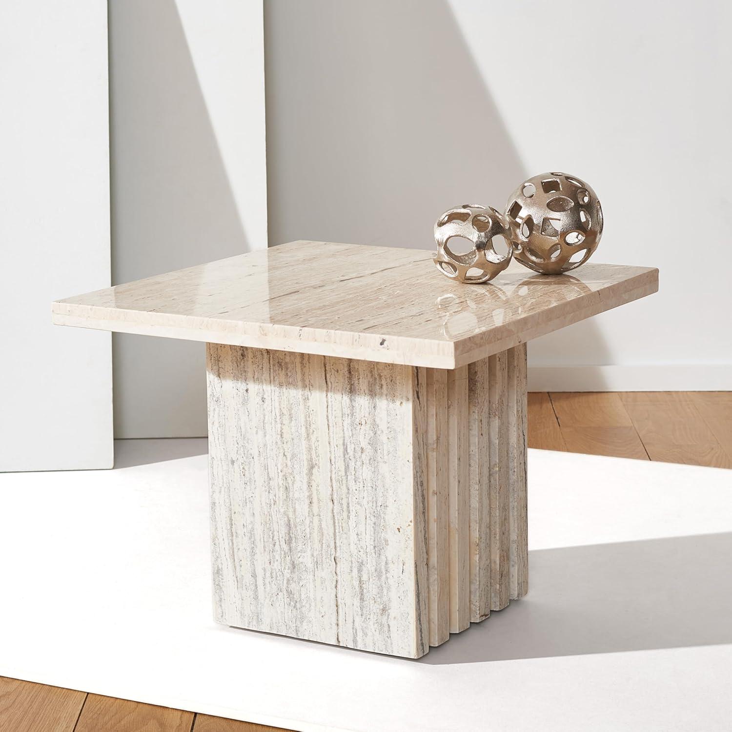 image:imageSAFAVIEH Couture Collection Olivia Brown Marble Accent Table Tall Square Pedestal Design Sculptural Statement Piece SFV9701BOff White