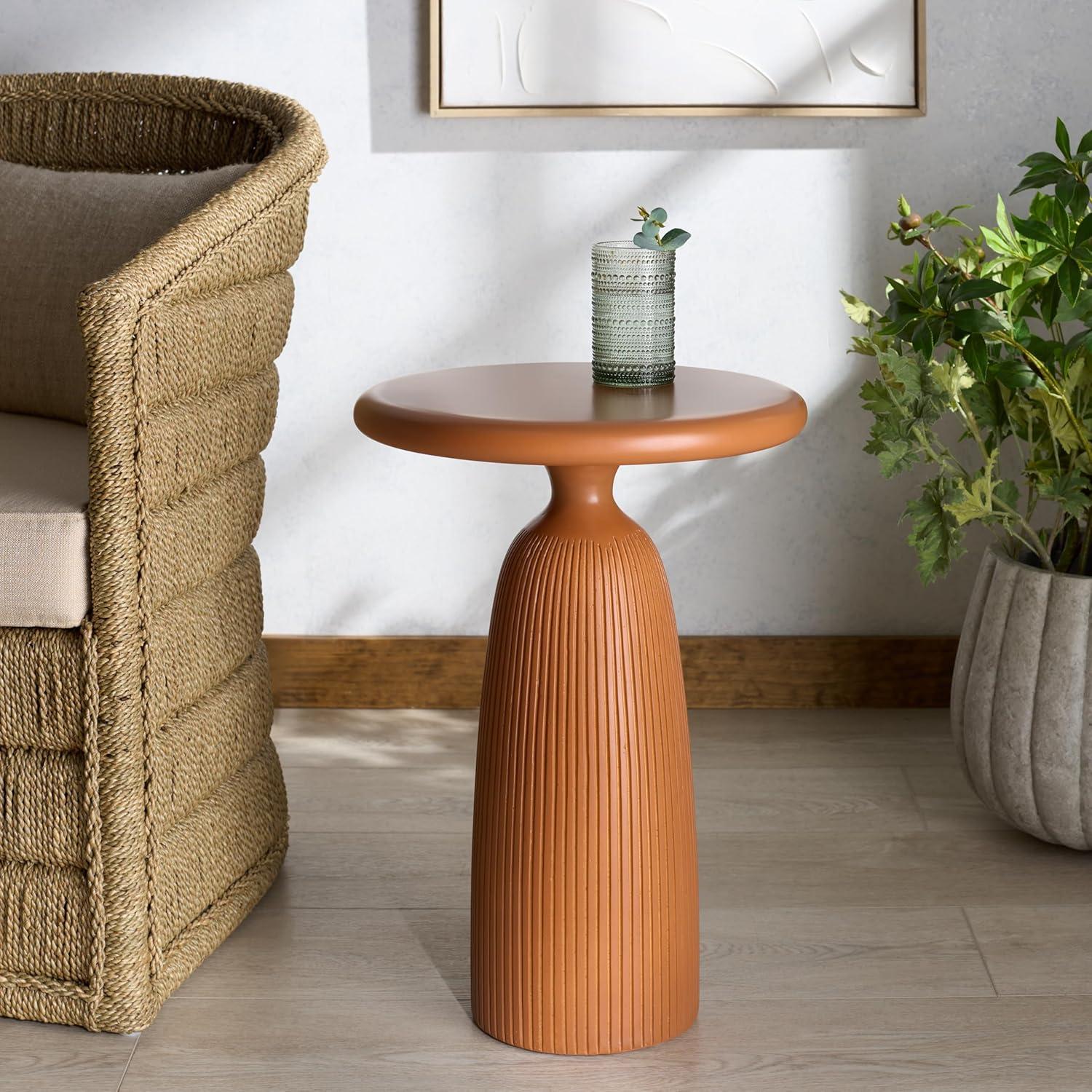 image:imageSAFAVIEH Couture Collection Oskar Ivory Concrete Accent Table Round Modern Side Table Sculptural Ribbed Design SFV2604BBrown