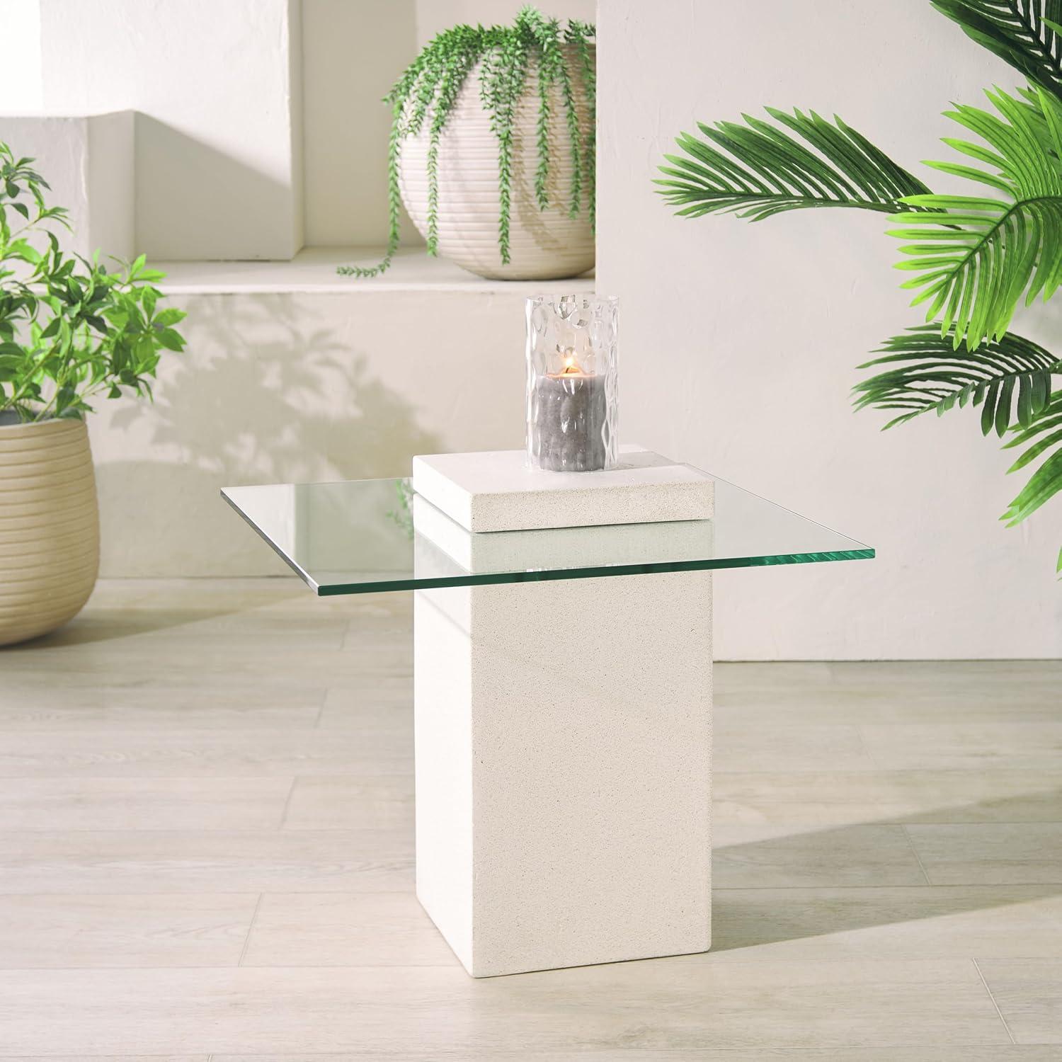 image:imageSAFAVIEH Couture Collection Sophibeth Ivory Concrete and Glass Accent Table Contemporary Modern Side Table Sculptural Display Design SFV2610AIvoryClear