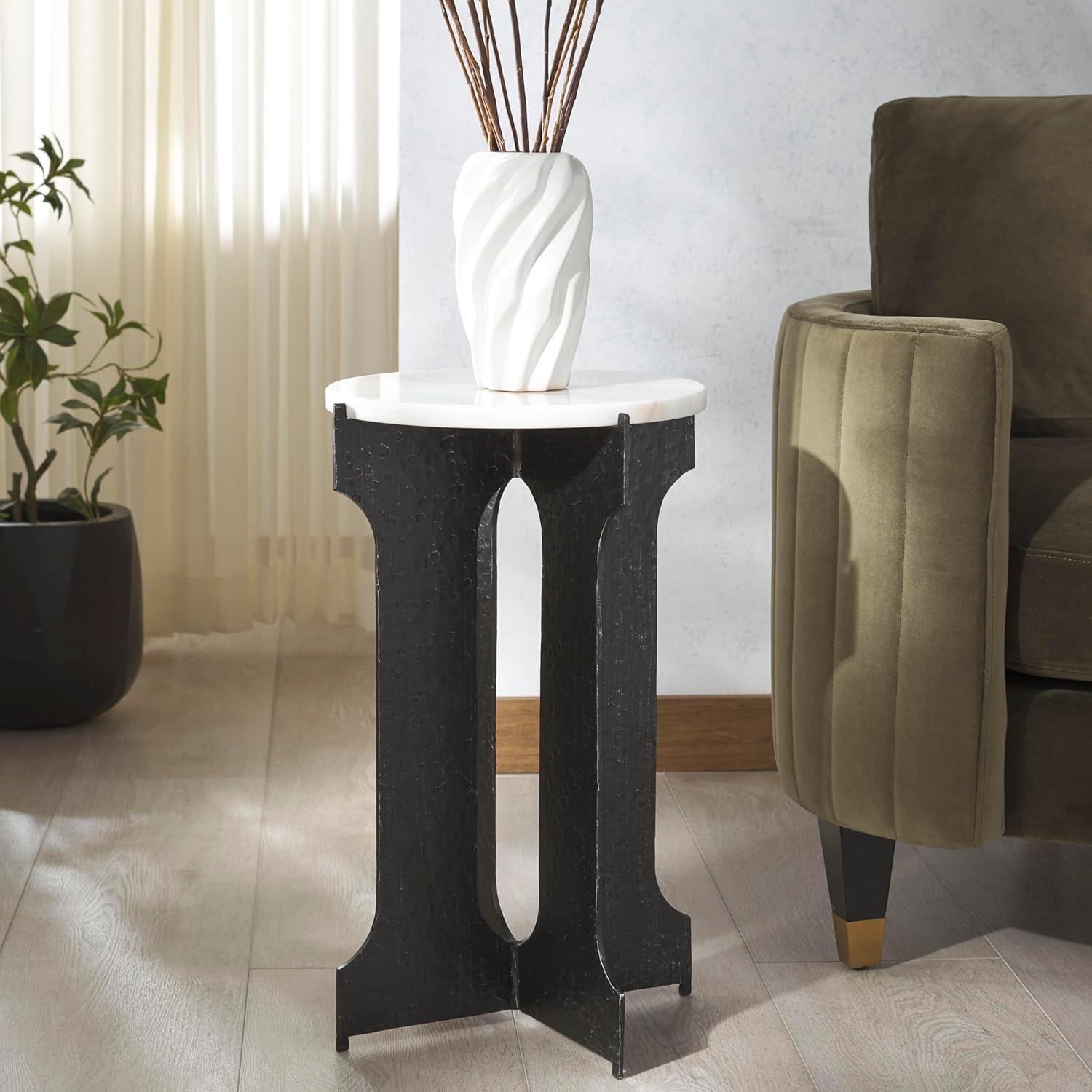 image:imageSAFAVIEH Couture Collection Tayanna Black Iron amp Marble Accent Table Modern Side Table Minimalist Round Top Design Fully Assembled SFV9546ABlackWhite
