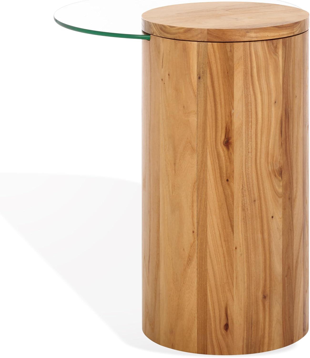 image:imageSAFAVIEH Couture Collection Tasharose Natural Brown Solid Wood Natural amp Clear Glass Top Pedestal Accent TableNaturalClear