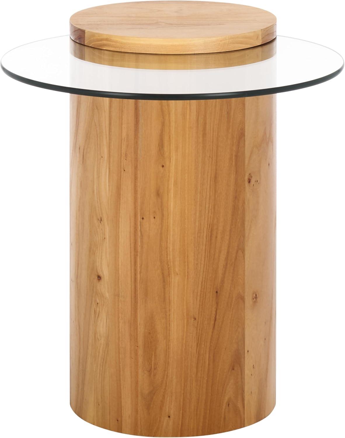 image:imageSAFAVIEH Couture Collection Tasharose Natural Brown Solid Wood Natural amp Clear Glass Top Pedestal Accent TableNaturalClear