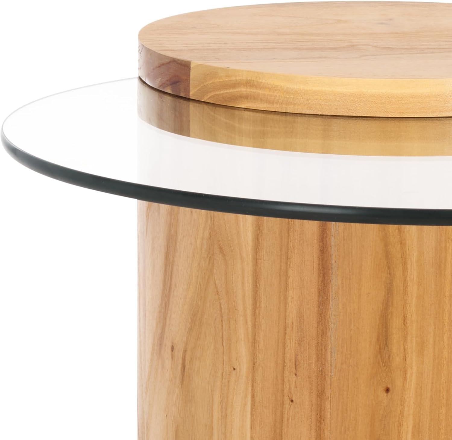 image:imageSAFAVIEH Couture Collection Tasharose Natural Brown Solid Wood Natural amp Clear Glass Top Pedestal Accent TableNaturalClear